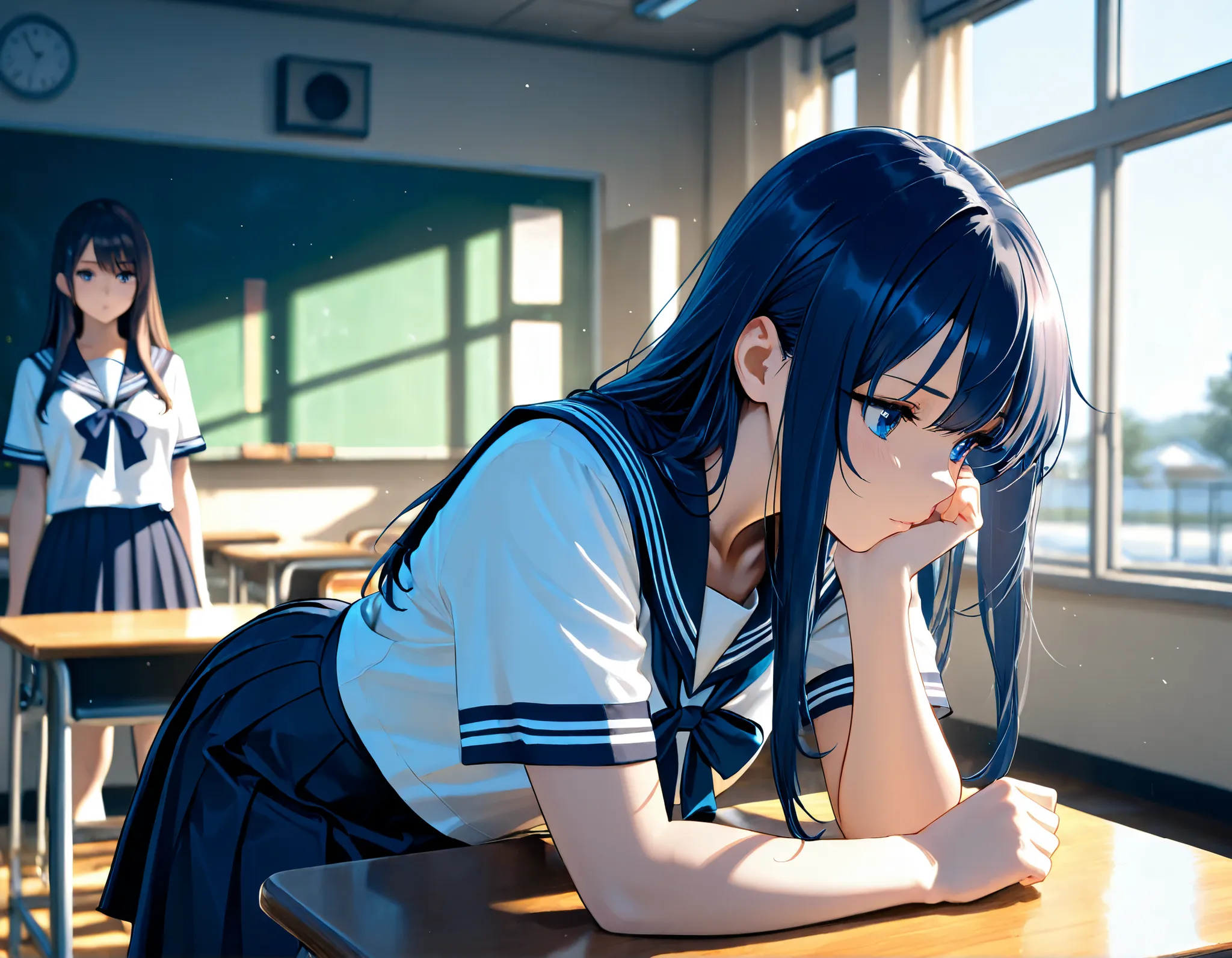 In a school classroom, 2 beautiful high school girls, White school uniform, dark blue sailor skirt, are dueling for yakisoba with swords on their desks, Strong Poses , long hair fluttering, cinematic composition , Dramatic depth of field , masterpiece, Hi-...