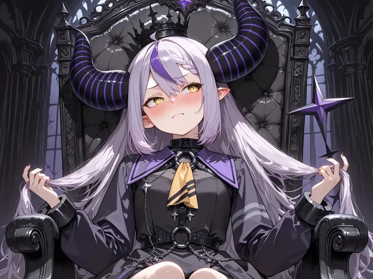 masterpiece, ultra detailed, best quality, solo, La+ Darknesss, dark atmosphere, sitting on black throne, grabbing hair, looking away nervously, flustered expression, black room setting, purple hair, golden horns, dark dress, detailed crown, gothic archite...