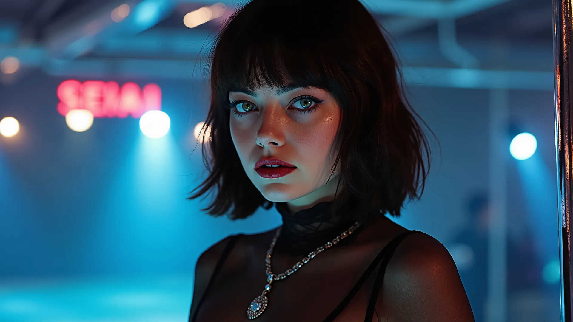 Sea Art 2.0. The full height of a beautiful girl with a gorgeous figure of 36 years old , black bob car hairstyle , she is a dancer , she is dancing on a pole in a deserted club , blue eyes, plump lips, red lipstick , precious necklace , she wears a ...