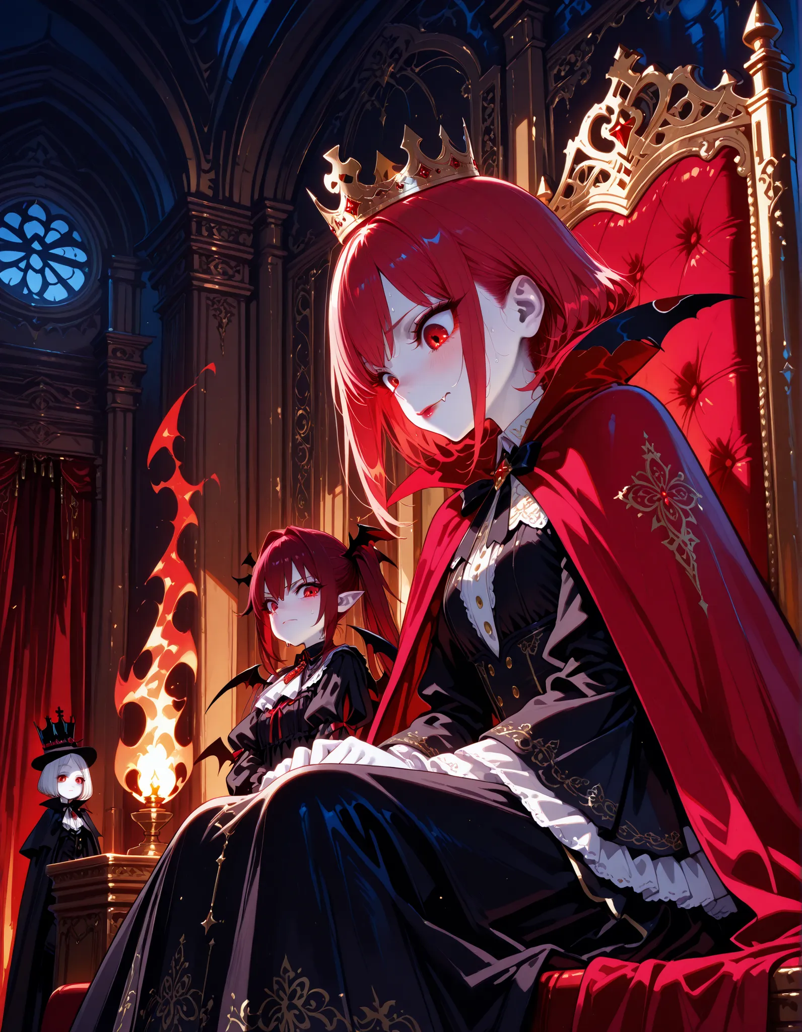 Very High resolution,cute anime-style,masterpiece,best quality,amazing quality,hyper-detailed,very aesthetic,from side,The Queen's chambers,Darkness,A faint flame from a torch installed on the wall.A female vampire sitting on the throne,Cold sweat,(Timid,A...