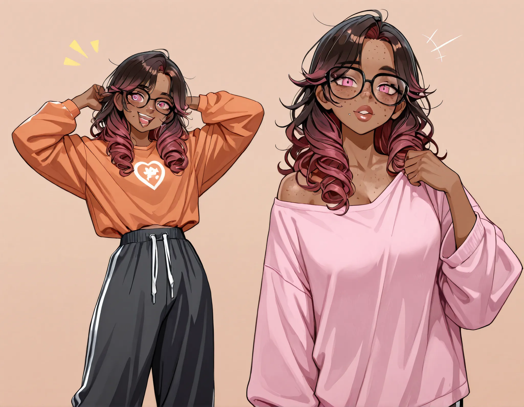 An 18-year-old girl with dark brown skin and freckles and blemishes on her face. She wears round black glasses, loose clothing that covers her entire body(loose and large sweatpants and a wide and long blouse) e sapatos simples. She has pastel pink eyes an...