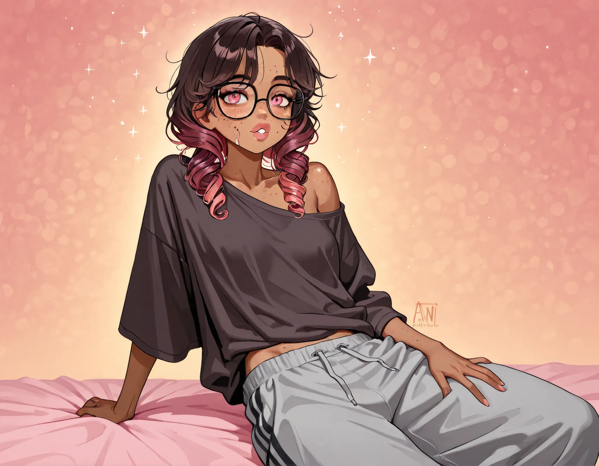 An 18-year-old girl with dark brown skin and freckles and blemishes on her face. She wears round black glasses, loose clothing that covers her entire body(loose and large sweatpants and a wide and long blouse) e sapatos simples. She has pastel pink eyes an...