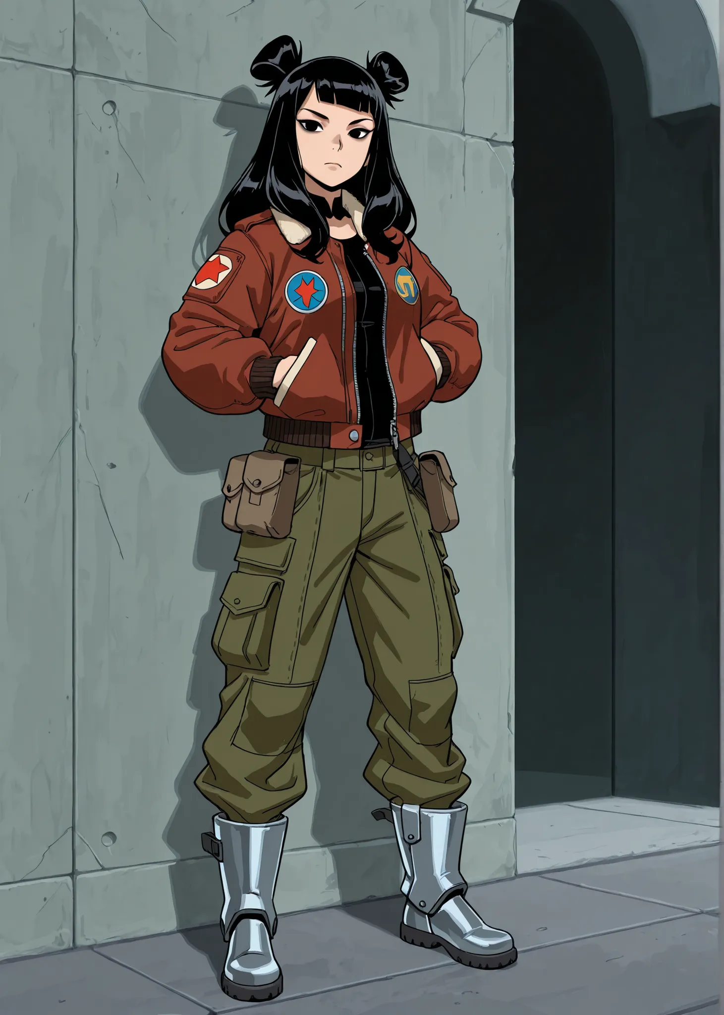 score_9, score_8_up, score_7_up, score_6_up, score_9, score_8_up, score_7_up, score_6_up, masterpiece, high quality, (best quality:1.1), masterpiece, 8K, source_anime, anime, simple, cartoon, 1girl, smuggler girl, black hair, black eyes, tattered red bombe...