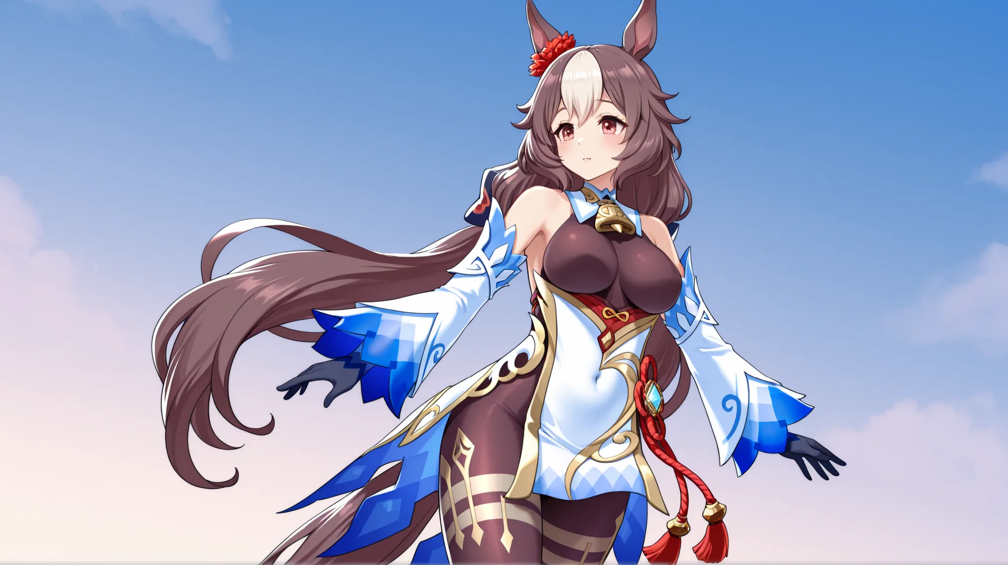 yamanin zephyr（Uma Musume）, Uma Musume, solo, [top quality], [Super beautiful CG], [Highly Detailed CG], [Super Detailed], [CG illustration], [high res], [extremely delicate and beautiful],  very detailed skin, Medium Breasts,  genshin ganyu cosplay, ganyu...