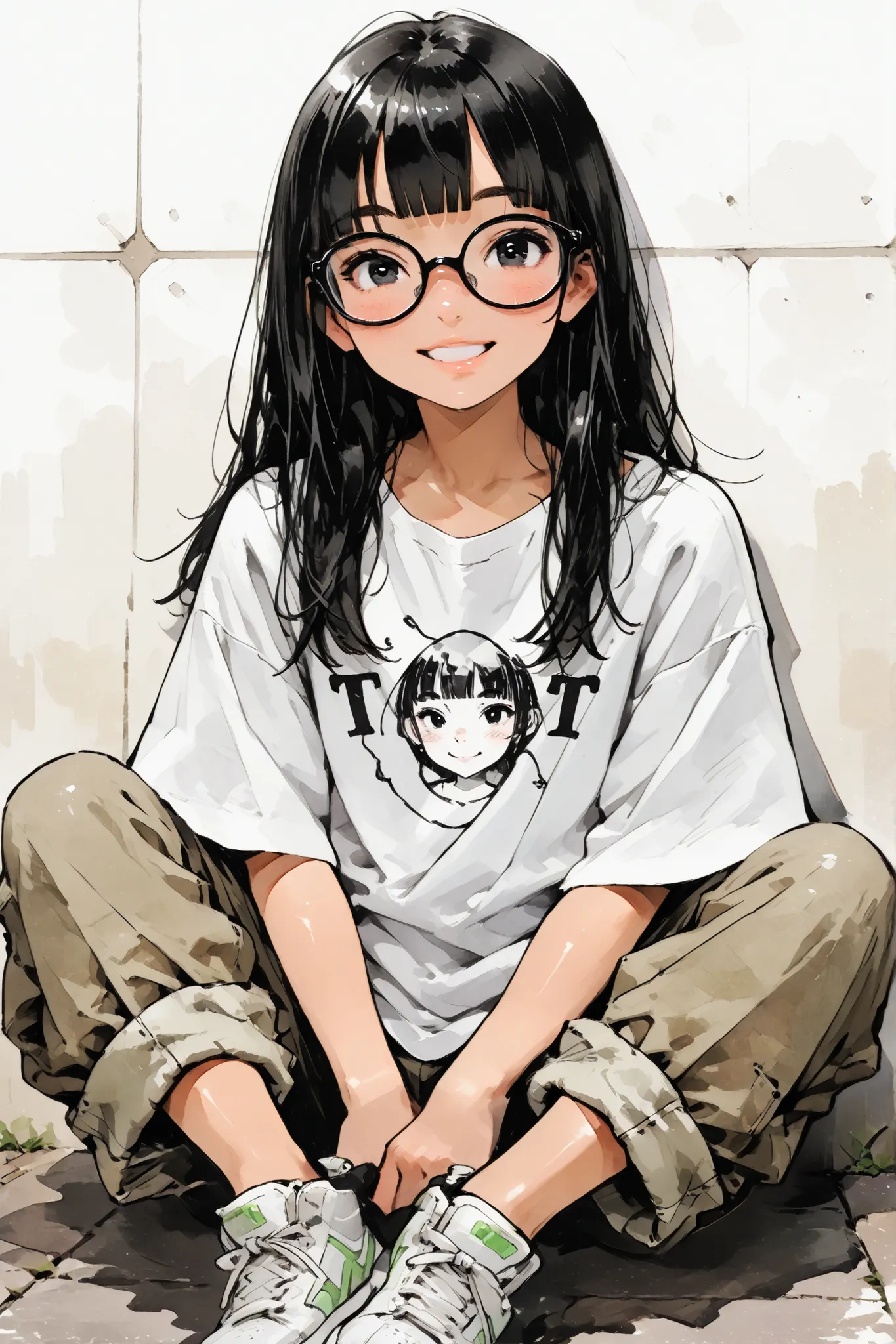 1girl,Super Detailed,absolute resolution,(dynamic angles),(tanned skin:0.3),portrait,((pinup)),close-up,
sitting,Leaning on wall,knees up,looking at viewer,
(oversized white long T-shirt),(Numbers drawn T-shirt),((untucked T-shirt)),wide pant,cargo pants,(...