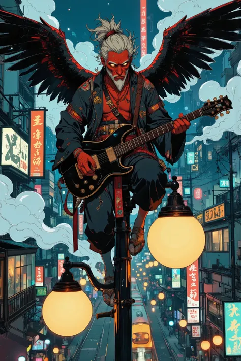 A high-resolution digital painting of a crimson-skinned Tengu perched atop a tall lamp pole in a bustling modern Japanese city at night. His large, prominent nose emphasizes his mythic Tengu heritage, and his wild white hair is tied back in a traditional s...