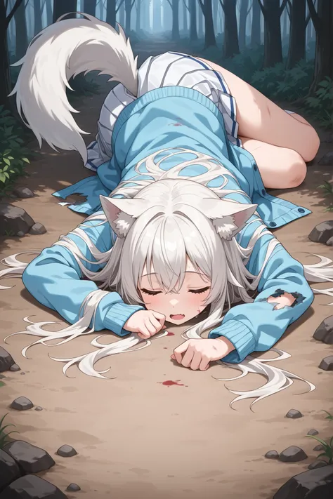 (masterpiece:1.3), (high quality:1.3), (detail,masterpiece), (girl, white hair, wolf ears, wolf tail, white pleated skirt, oversized blue cardigan, shirt,visible fang) , eyes closed 、sleep､lying face down on the ground､Stains on clothes 、torn clothes ､batt...