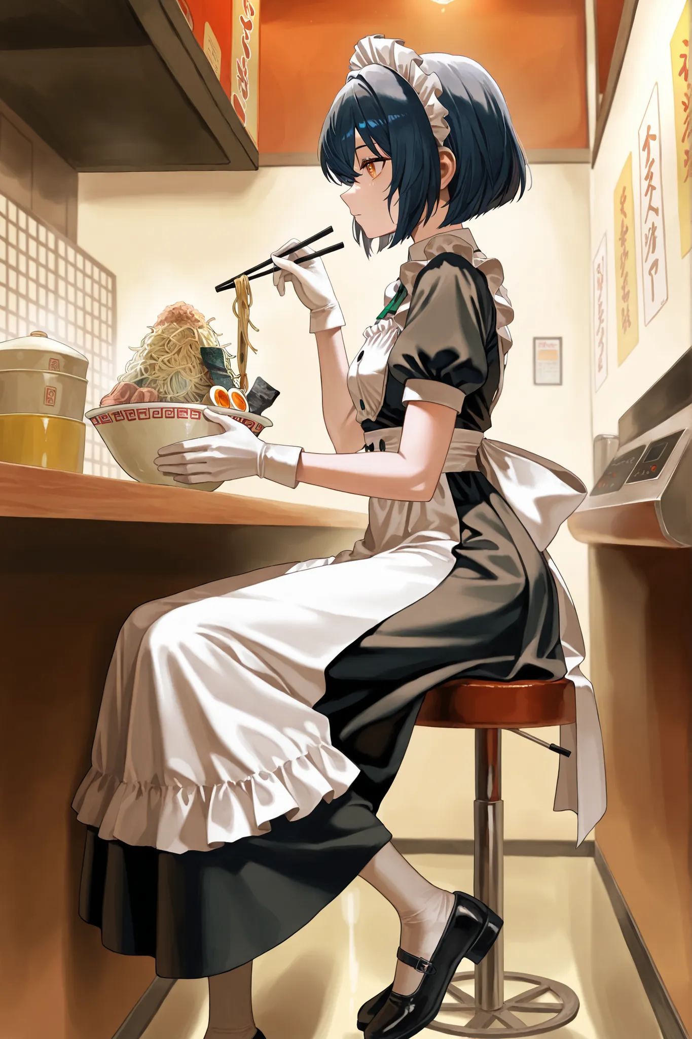 1 girl), white high socks,classical black and white maid clothes, maid, dark blue hair, short hair, orange eyes, white lace, gloves, small breasts, dark eyes,white tights, maid headdress, long skirt (ramen restaurant), cooking ramen, (ramen jiro), counter,...