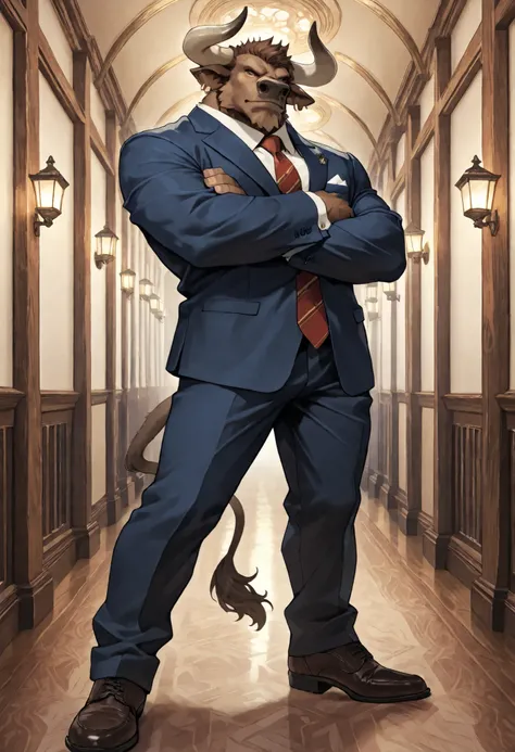 Athlete body, commission for high res, anthropomorphic, there is a brown minotaur, minotaur horns, suit and tie, calm and cool, mysterious, standing in a hallway, looking at viewer, full body, crossed arm stance, smart and cool, close up.