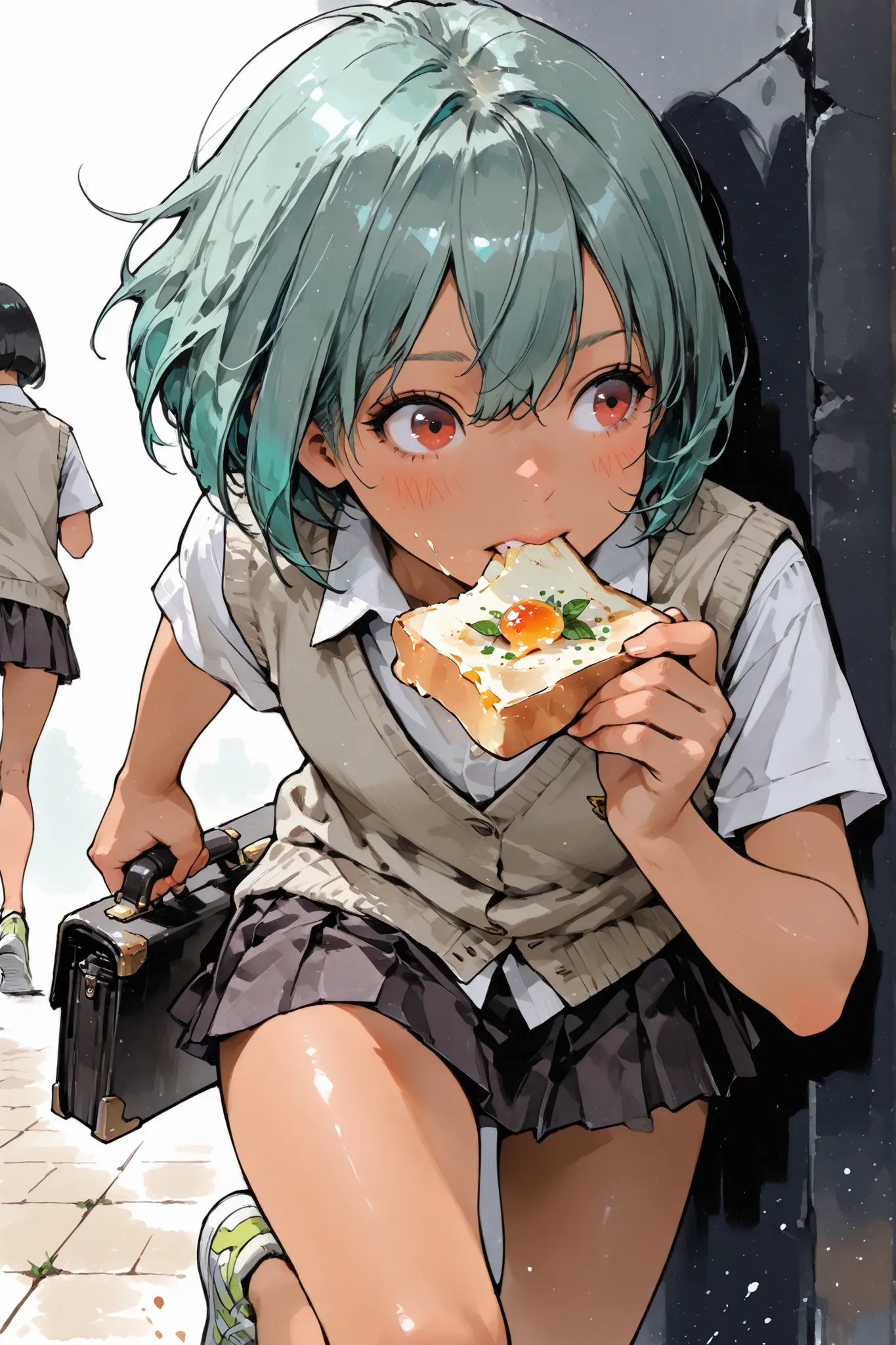 1girl,(Hiding private parts:1.5),Super Detailed,absolute resolution,(dynamic angles),(tanned skin:0.1),portrait,((pinup)),,
running, holding a black briefcase in one hand,while biting onto a slice of toast, 
white shirt,(short sleeves),collared shirt,(untu...