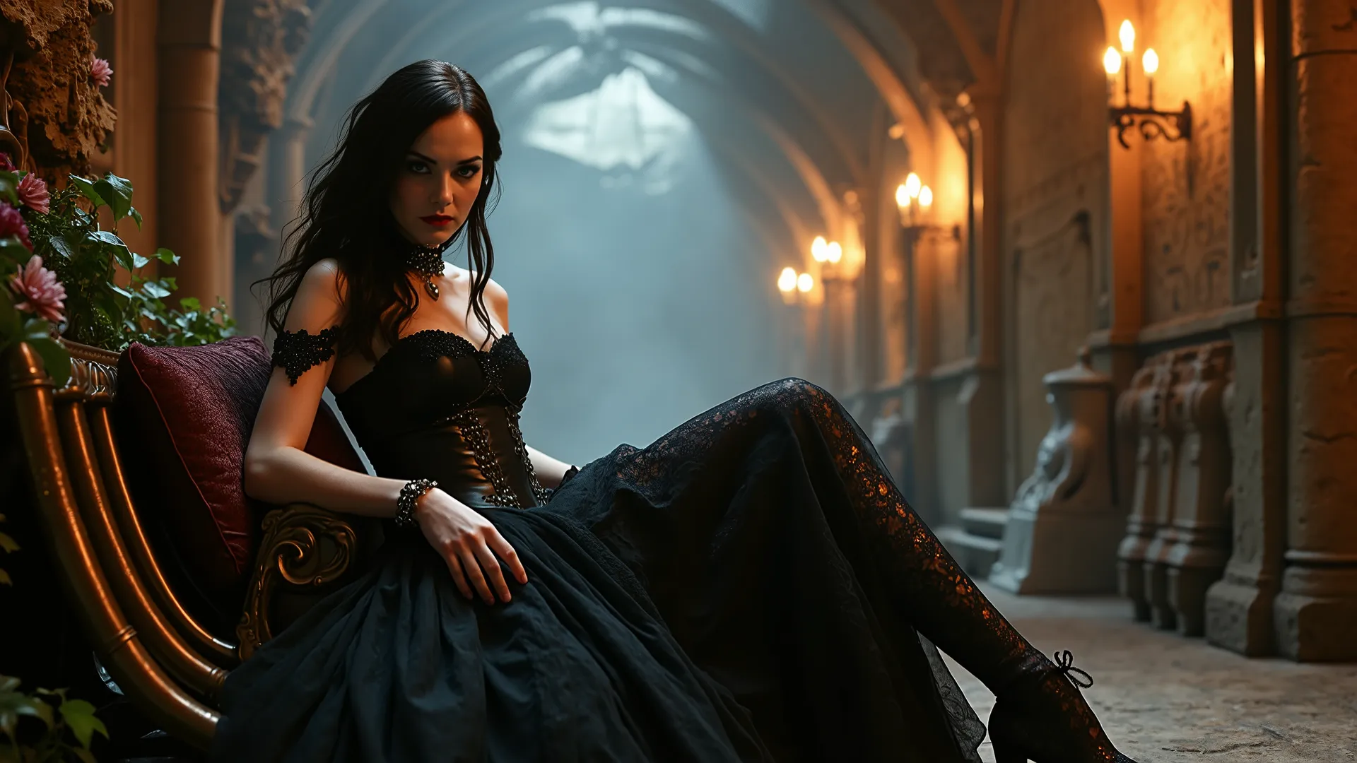 A captivating and enigmatic sorceress with flowing black hair sits gracefully within a dimly lit fantasy corridor, where shadows dance among ethereal elements. Her stunning black gown, adorned with intricate, otherworldly patterns, features a high collar a...