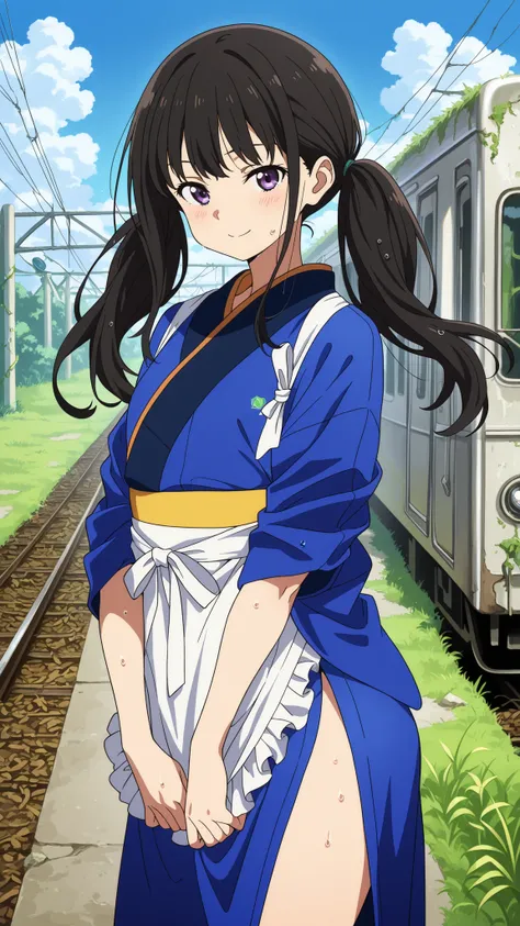 BREAK (masterpiece:1.2), best quality, high resolution, unity 8k wallpaper, (illustration:0.8), Abandoned rural train station,
overgrown with grass and vines,
old train car resting silently,
blue sky with soft clouds above,
anime background style, ...