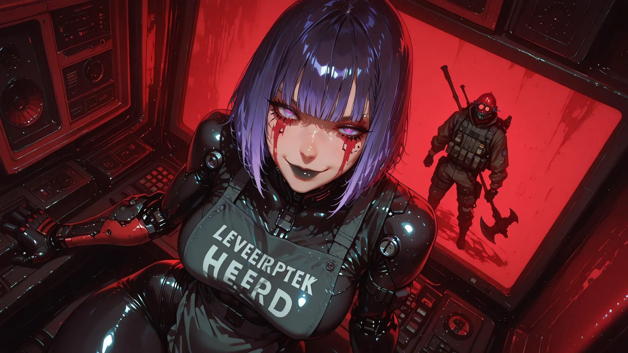 ruanyi0549,apron,dark coart,electric bow,harming sexy gothic cyberpunk battle android swinging with giant high detailed morning star axe with jet engine 1.0 epic hit effect  1.0 effects hd 1.0  , toxic pink, red, pueple colors. , upper face war paint in re...