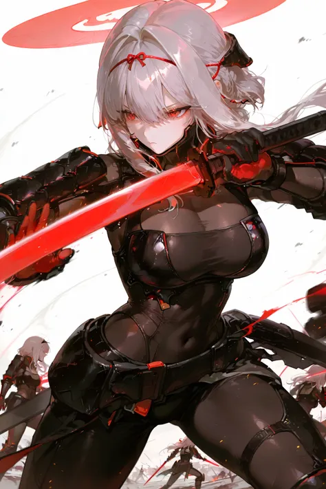 scrltbs, red eyes, grey hair, long hair, hair intakes, sidelocks, hair ribbon, red ribbon, headgear, red halo, black bodysuit, bodystocking, black armor, shoulder armor, sode, large breasts, see-through cleavage, covered navel, black gloves, red gloves, two-tone gloves,holding a Japanese sword,Slash effect,battlepose,motion blur,((solo / solo focus)), background battlefield,