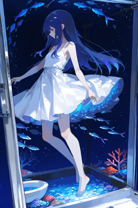 (( dark blue hair long hair 1 girl:1.4))，Full body solo shooting、((seabed:1.4))、Floats in water、Lots of small fish、(( white dress 、 barefoot))、A lot of bubbles、jellyfish、Coral Reef、Various fish 、Blue Fish、School of sardines、Sink、Sunken Ship、Mysterious、 Fan...