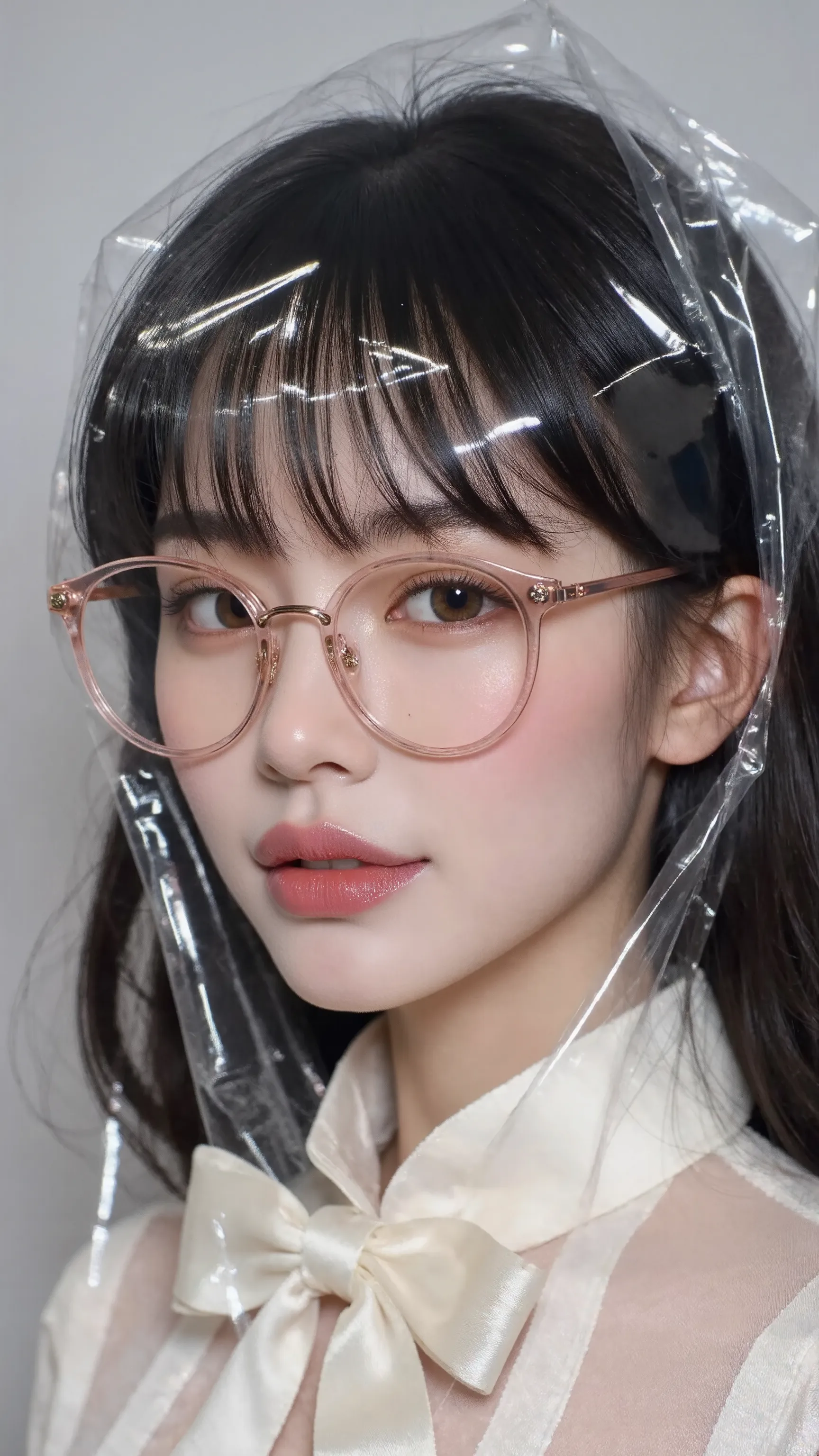 Surreal art portrait of Asian female model recreates luxury doll image, wearing transparent rimmed eye glasses with delicate pink gold rim. Non-transparent lenses add artificial look to large round eyes without flashing back. Frame perfectly placed on the ...
