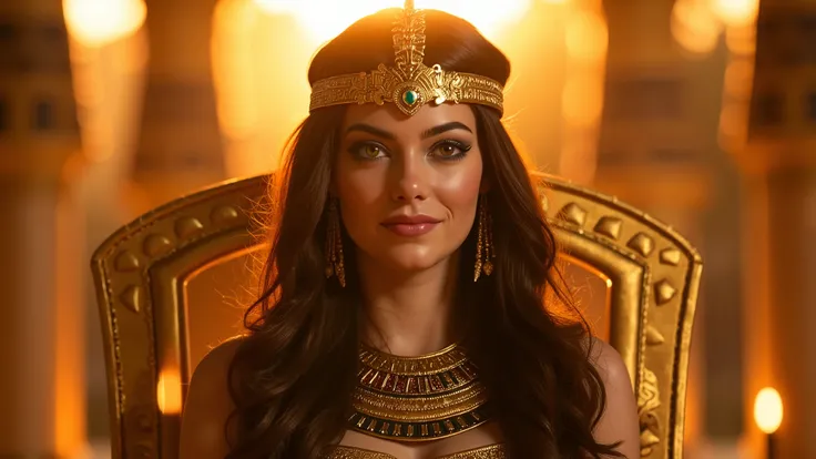 an enchanting, richly detailed representation of the Egyptian goddess "Isis". In this composition, Isis is seated regally on a golden throne, dressed in ornate ancient Egyptian attire and shimmering gold jewelry. The scene is illuminated by the soft radian...