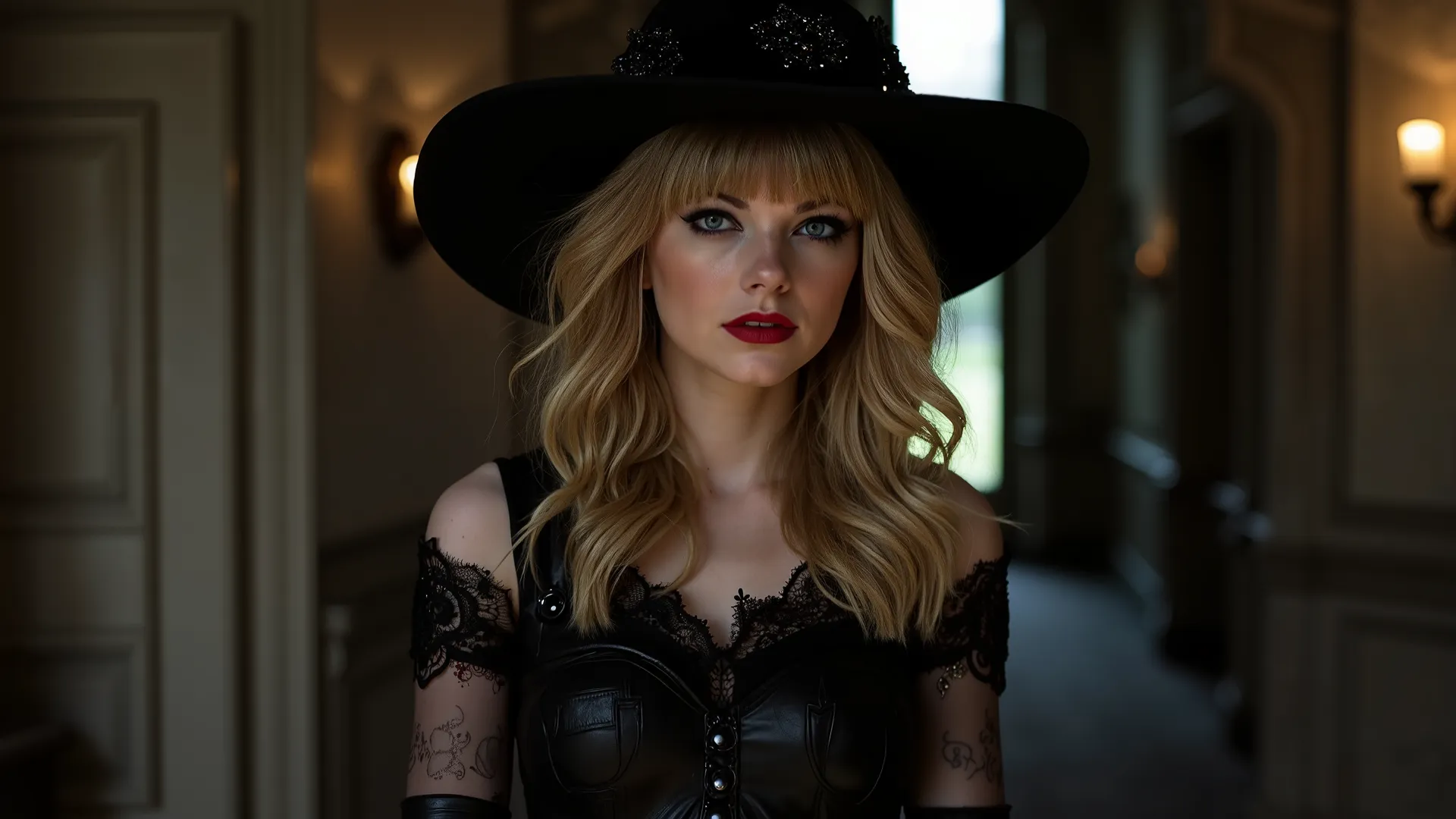 A waist-up portrait of Taylor Swift as a witch posing inside a gothic mansion. Taylor is dressed in a dark-colored gothic witch outfit that incorporates some bits of leather and lace. Taylor has lovely makeup on her face. Taylor wears red lipstick. Nightti...