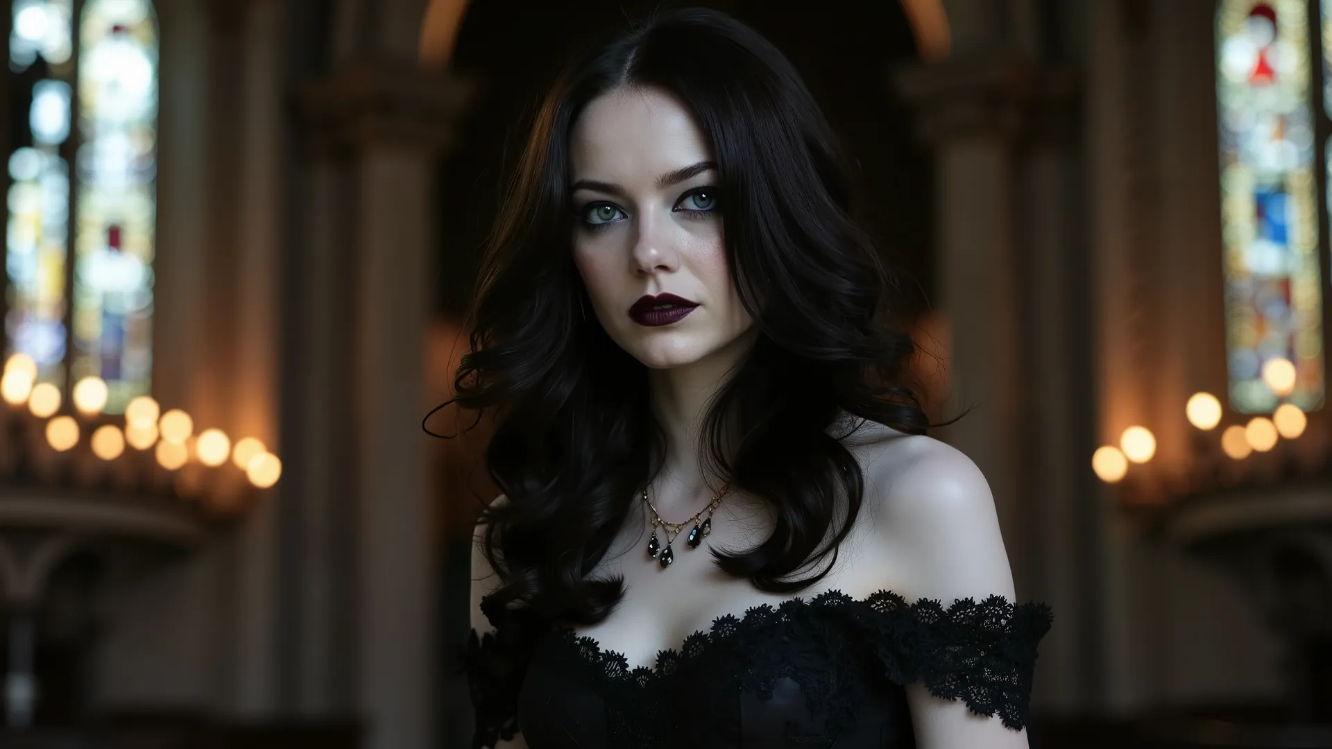 A mysterious yet elegant gothic woman with pale skin, dark lipstick, and long wavy raven-black hair, wearing a black lace corset dress, standing in an old candlelit cathedral, stained glass windows in the background, dramatic shadows, realistic style, 4K