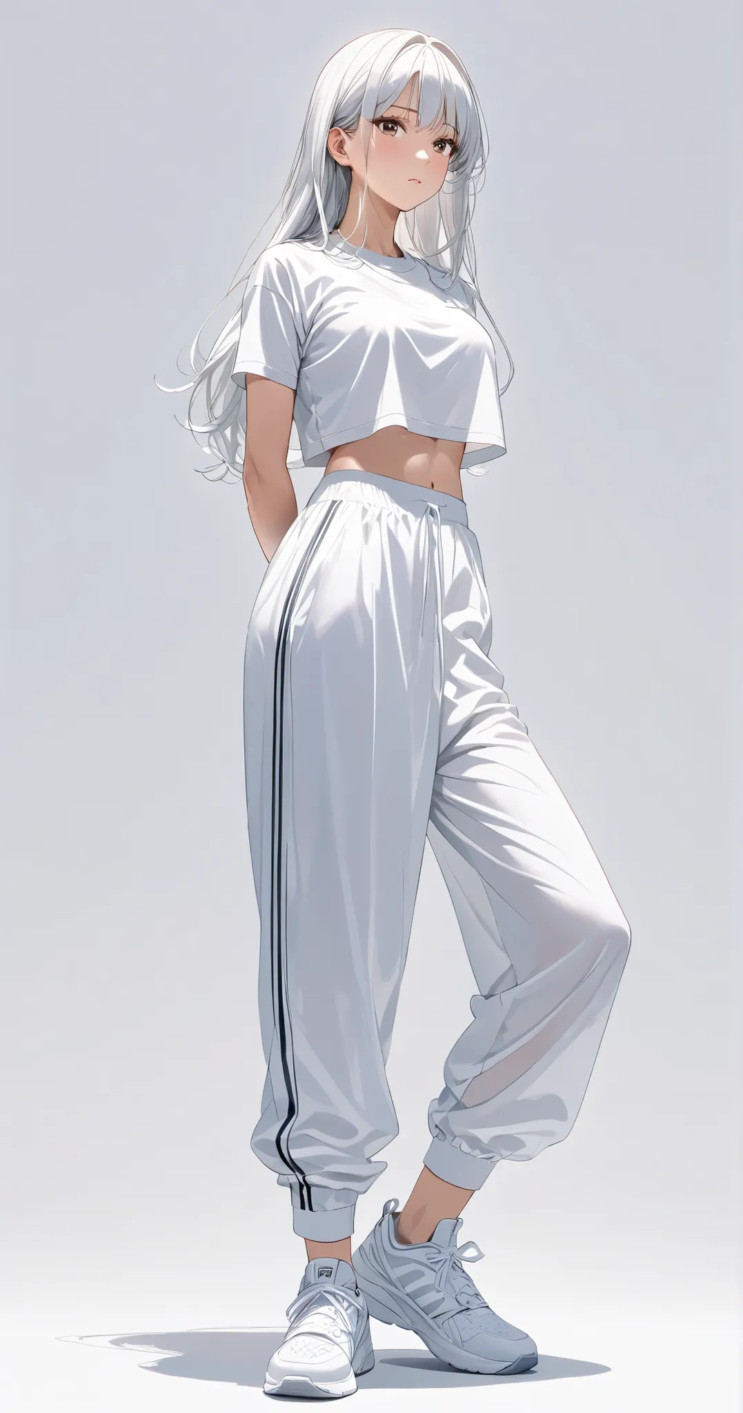anatomically completely correct、Full-body view of a young woman、solo、fearless face、detailed expressions、long hair、shiny hair、wolf cut hair、Plain white short-sleeved cropped t-shirt、sports bra、Loose-fitting sweatpants、wearing sneakers, white sneakers、Wrinkl...