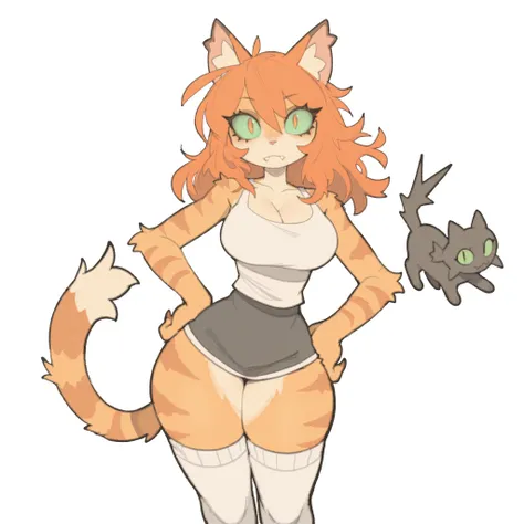 masterpiece, ultra-HD, impressionism, high detail, best quality, very aesthetic, 8k, best quality, beautiful, tmchng, 1girl, solo, anthro furry, cat, tabby fur, long messy orange hair, green sclera, slit pupils, eyelashes, almond-shaped eyes, cat ears, cat...