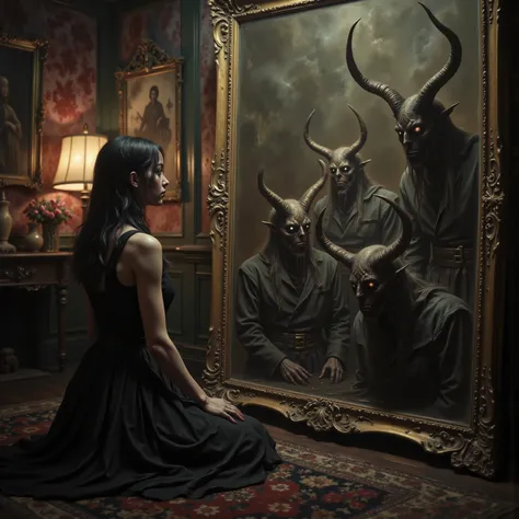 A beautiful young woman kneels in front of a large antique mirror, the mirror reflecting demons in a different dimension. They come through the glass of the mirror when welcomed by the woman, realistic portrait, detailed facial features, demons mive throu...