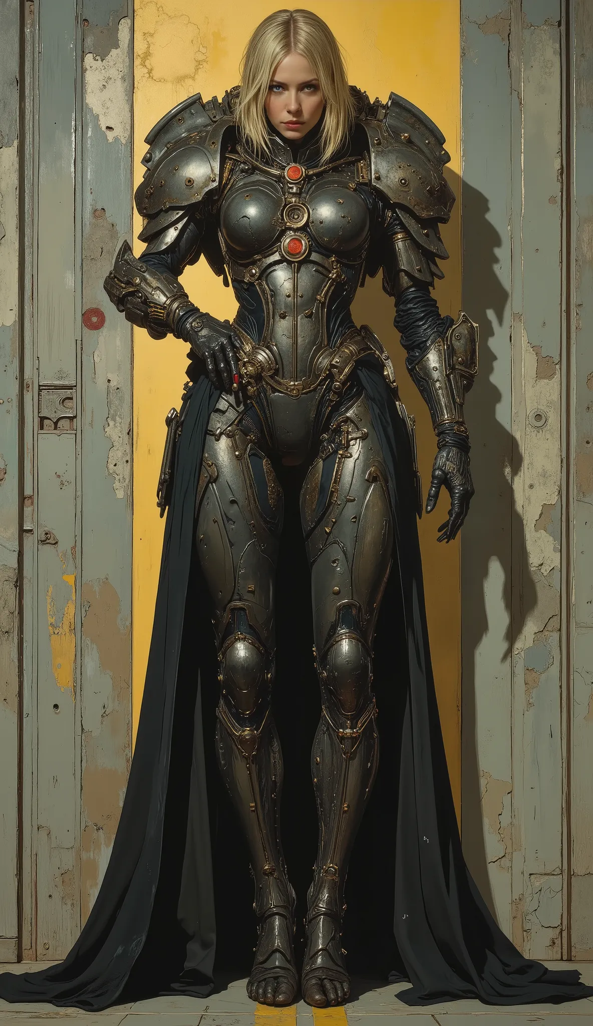  Realistic full body shot ,  from head to toe ,   pretty european blonde female， dark cyberpank  , Science Fiction, Mechanized precision,  Large canvas painting ,  Rough Surfaces ,  Fine Details ,  photorealism 