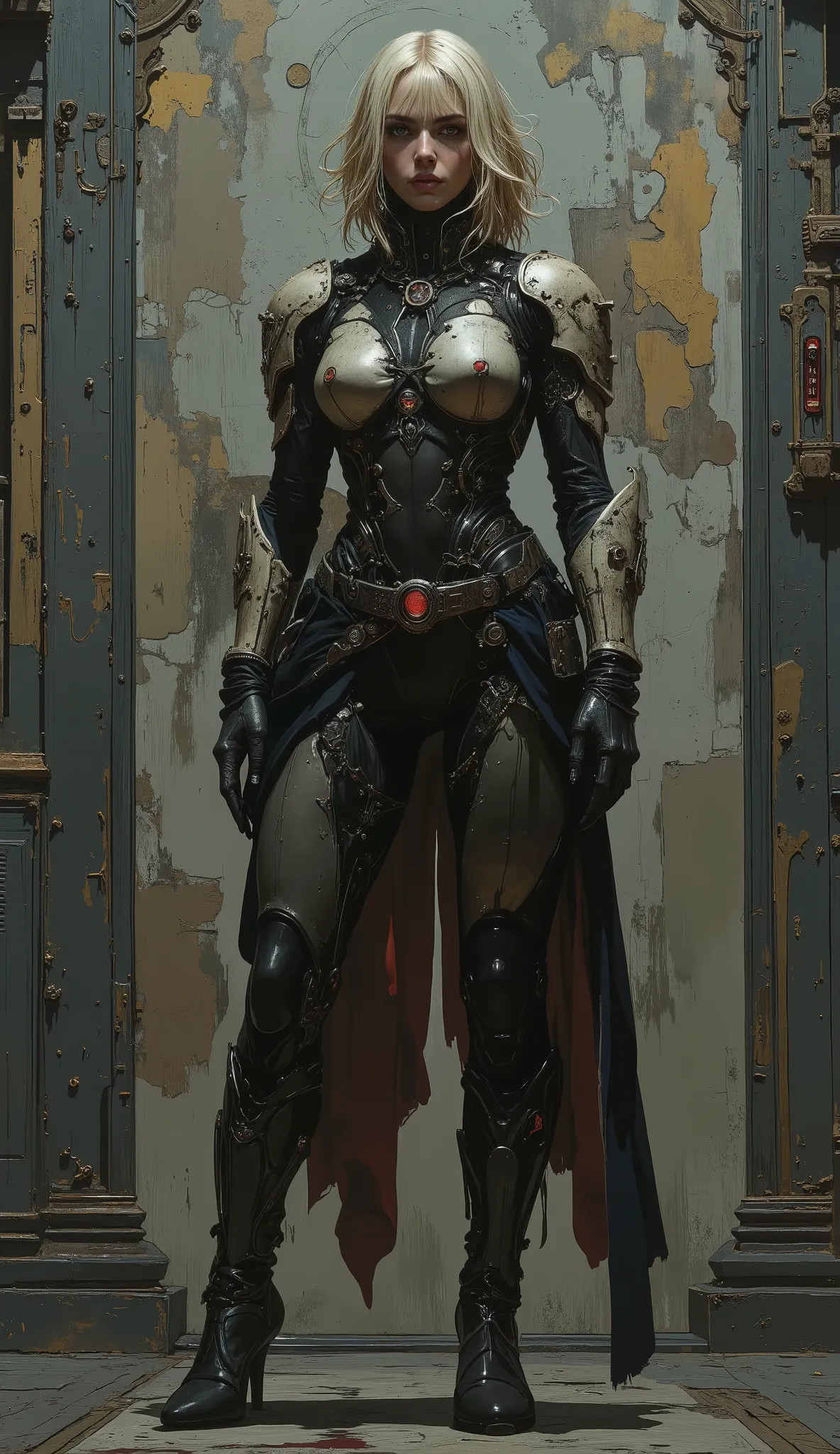  Realistic full body shot ,  from head to toe ,   pretty european blonde female， dark cyberpank  , Science Fiction, Mechanized precision,  Large canvas painting ,  Rough Surfaces ,  Fine Details ,  photorealism 