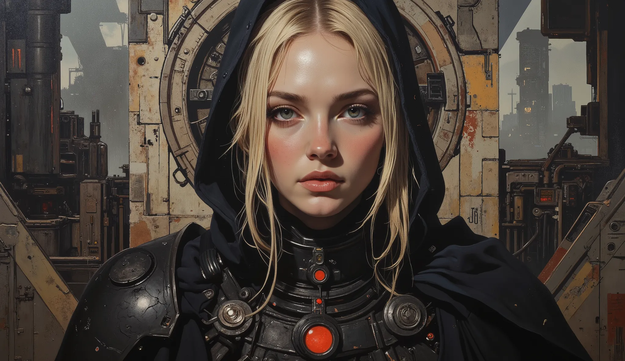  Realistic portrait ,   pretty european blonde female， dark cyberpank  , Science Fiction, Mechanized precision,  Large canvas painting ,  Rough Surfaces ,  Fine Details ,  photorealism 