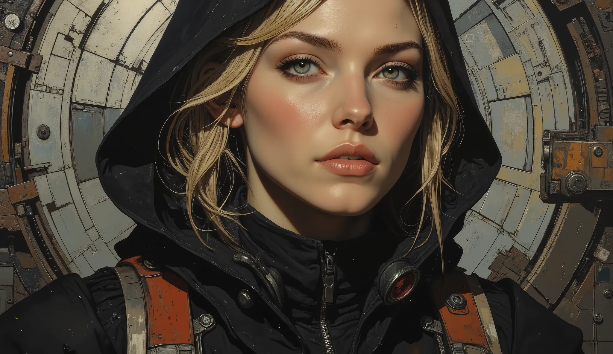  Realistic portrait ,   pretty european blonde female， dark cyberpank  , Science Fiction, Mechanized precision,  Large canvas painting ,  Rough Surfaces ,  Fine Details ,  photorealism 