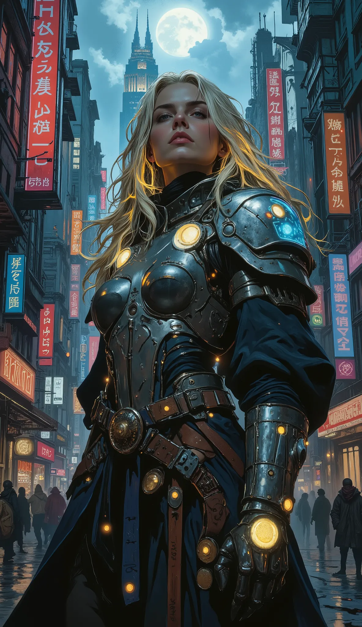 Create a striking full-body portrait of a captivating European blonde female, embodying a futuristic knight in a dark cyberpunk setting. She has long, flowing blonde hair with neon highlights and wears sleek, high-tech armor that combines elegance with mec...