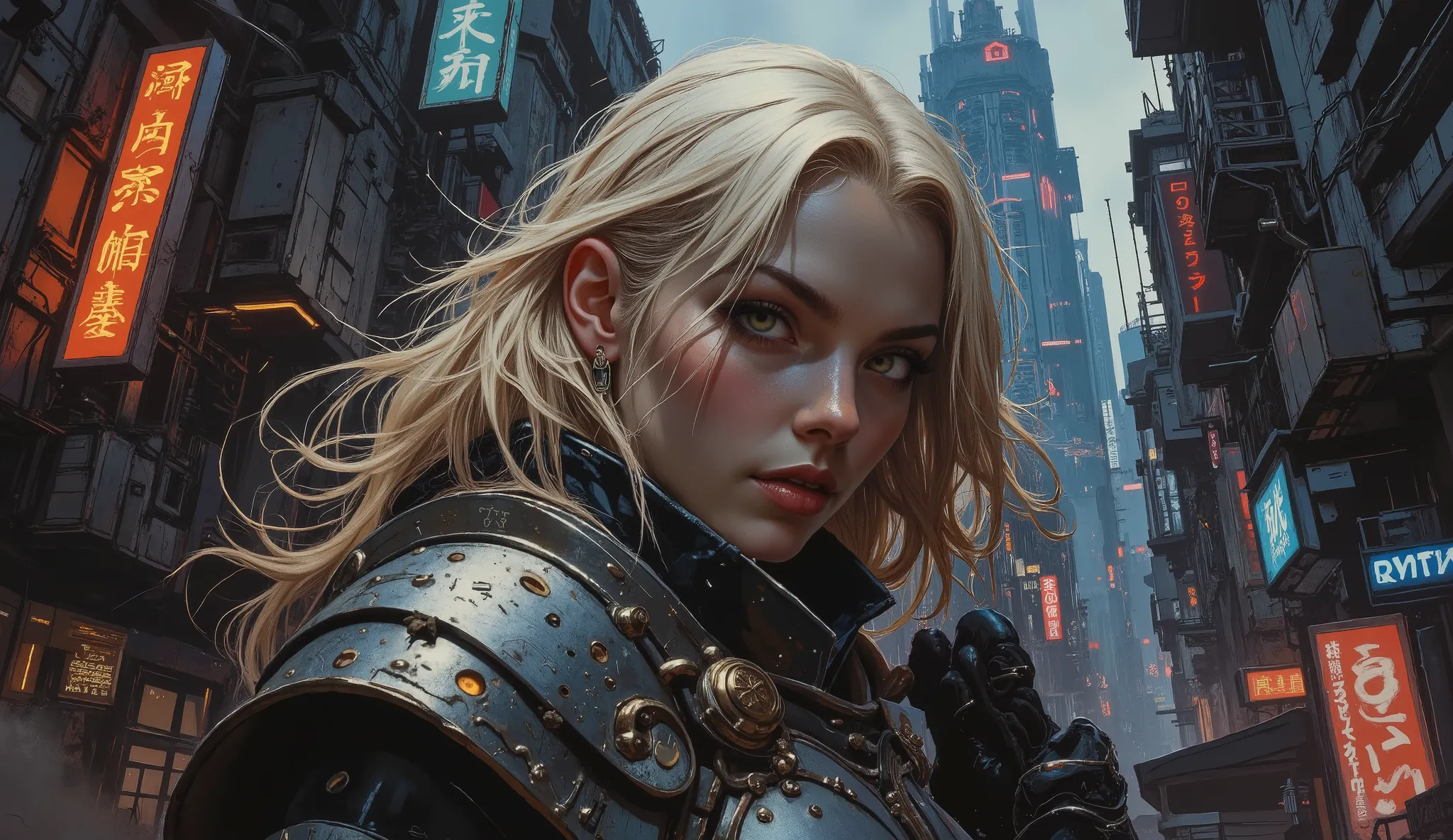 Create a striking full-body portrait of a captivating European blonde female, embodying a futuristic knight in a dark cyberpunk setting. She has long, flowing blonde hair with neon highlights and wears sleek, high-tech armor that combines elegance with mec...
