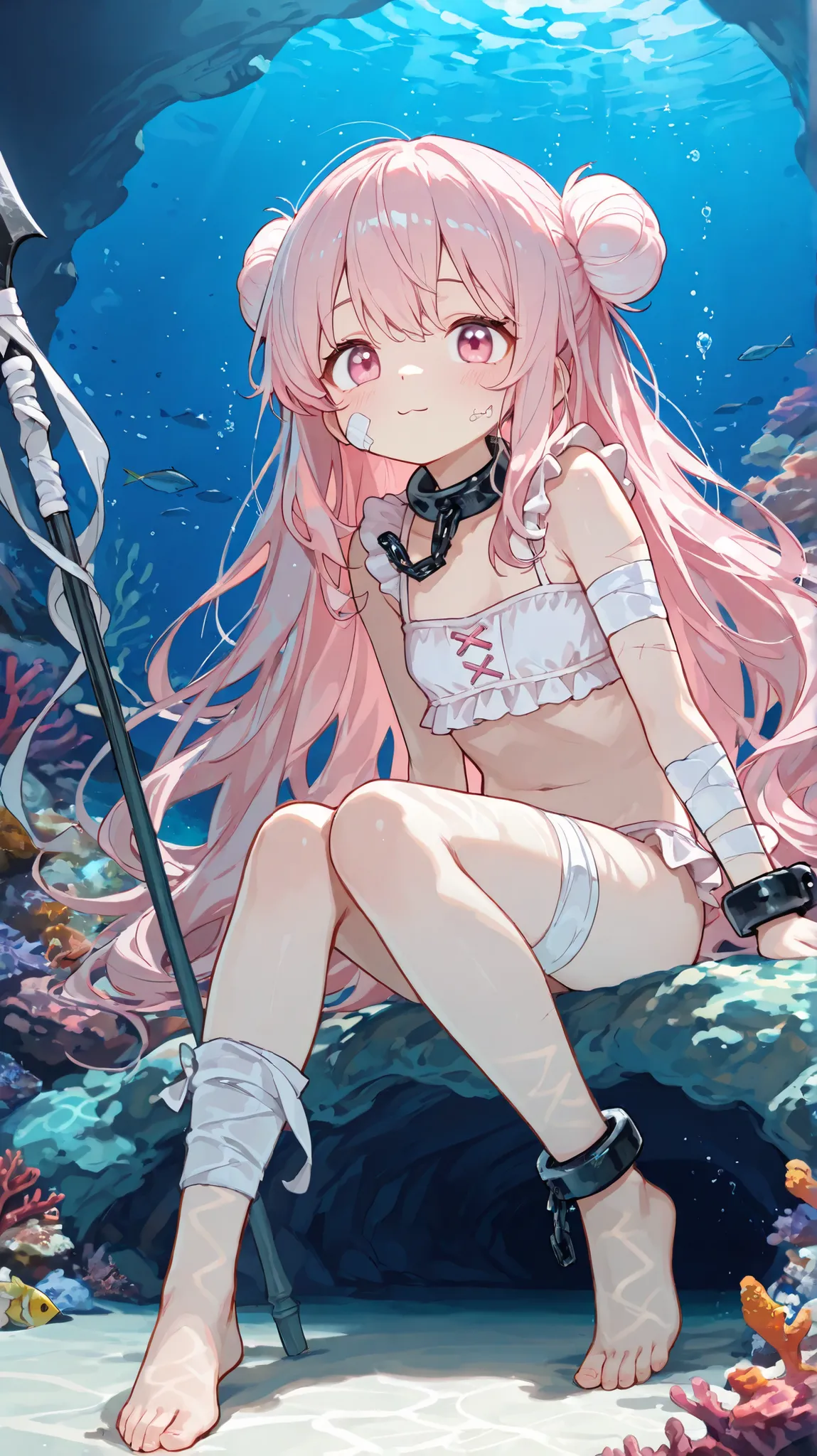 (((pink hair with cuffs))),cute,748cmstyle,(((Dive under the sea))),grotto,Underwater cave,sandy (((seabed))),seabed,Reef,(masterpiece:1.2, Top Quality), (beautiful eyes with attention to detail: 1.2), ((1 Beautiful Girl)),  (beautiful background:1.2), (Hi...
