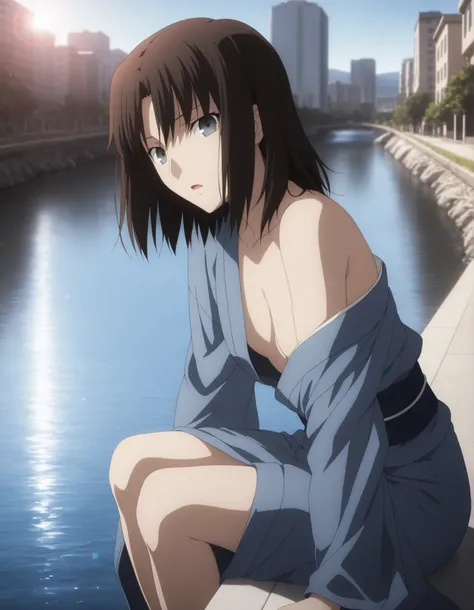 masterpiece, best quality, amazing quality, highres, absurdres, very aesthetic, high resolution, ultra detailed, perfect details, solo, midnight, outdoors, ufotable style, ((river, river side high building, cinematic light)),(lens flare, day),, from side, ...