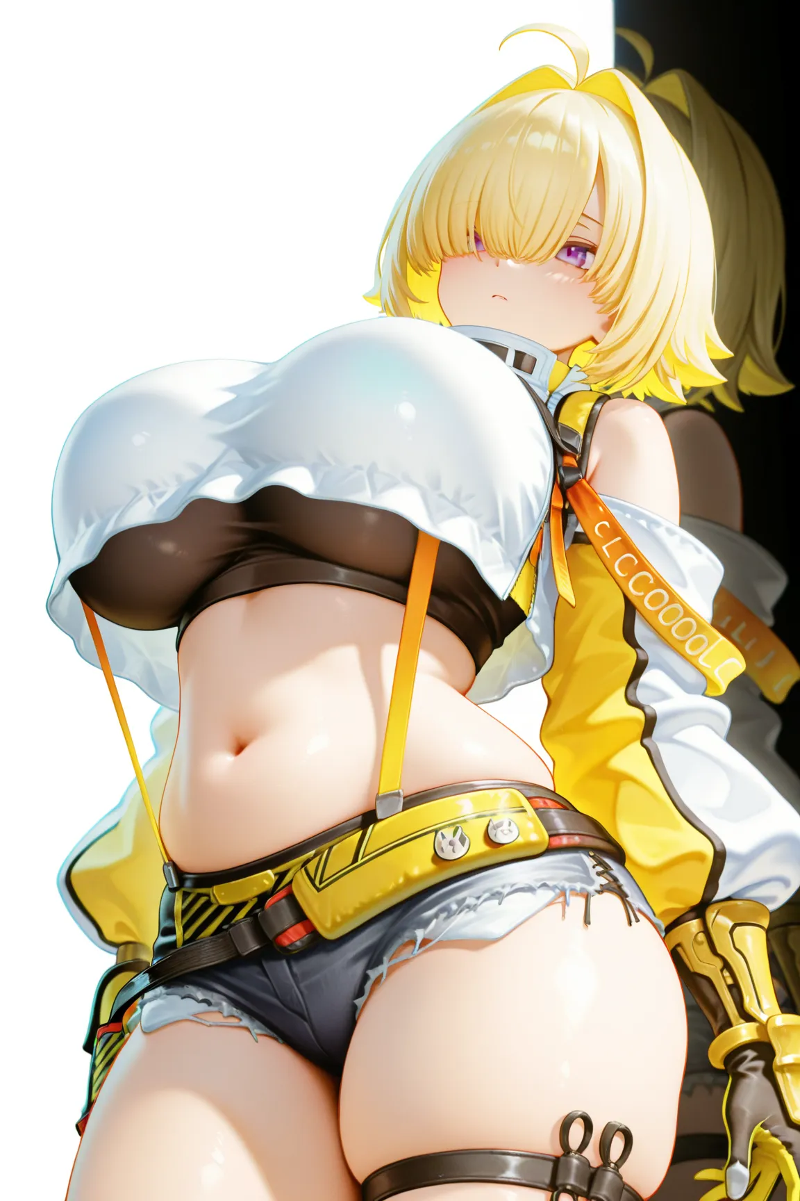 score_9, score_8_up, score_7_up, masterpiece, best quality, perfect facial features, highest resolution, 8k, amazing quality, dynamic composition, dynamic pose, whole body, low angle, turn your back, 1girl, solo, elgg, purple eyes, hair over one eye, bangs, hair intakes, blonde hair, short hair, colored inner hair, yellow hair, ahoge, huge breasts, crop top, white shirt, bare shoulders, suspenders, black sports bra, navel, stomach, micro shorts, cutoffs, two-tone gloves, belt, thigh strap, thighs, long sleeves, ((((clear contrast between light and dark, cool color image))))