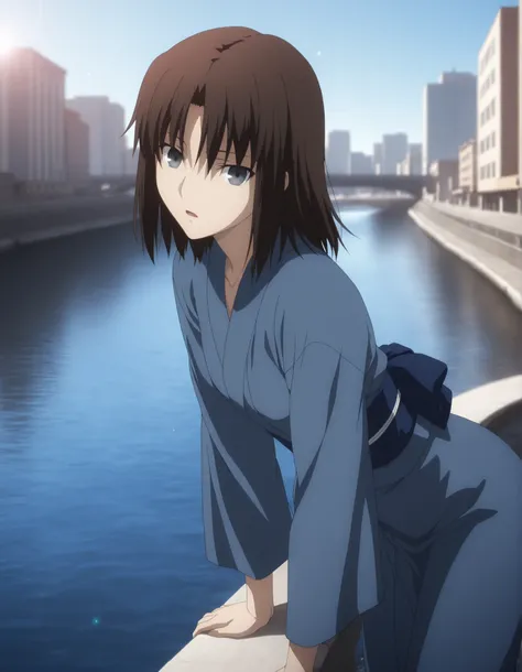 masterpiece, best quality, amazing quality, highres, absurdres, very aesthetic, high resolution, ultra detailed, perfect details, solo, midnight, outdoors, ufotable style, ((river, river side high building, cinematic light)),(lens flare, day),, from side, ...