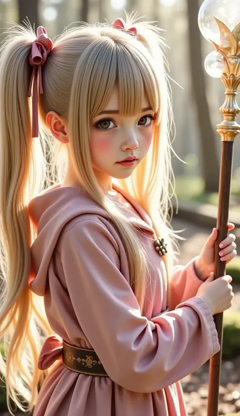 The world of RPGs、petite girl getting her knees、child body type、short twin tail with large magic wand、Blonde、Serious Expressions、upper gaze、Light pink clothes、adventurer style costume、Holding a big magic wand、wilderness