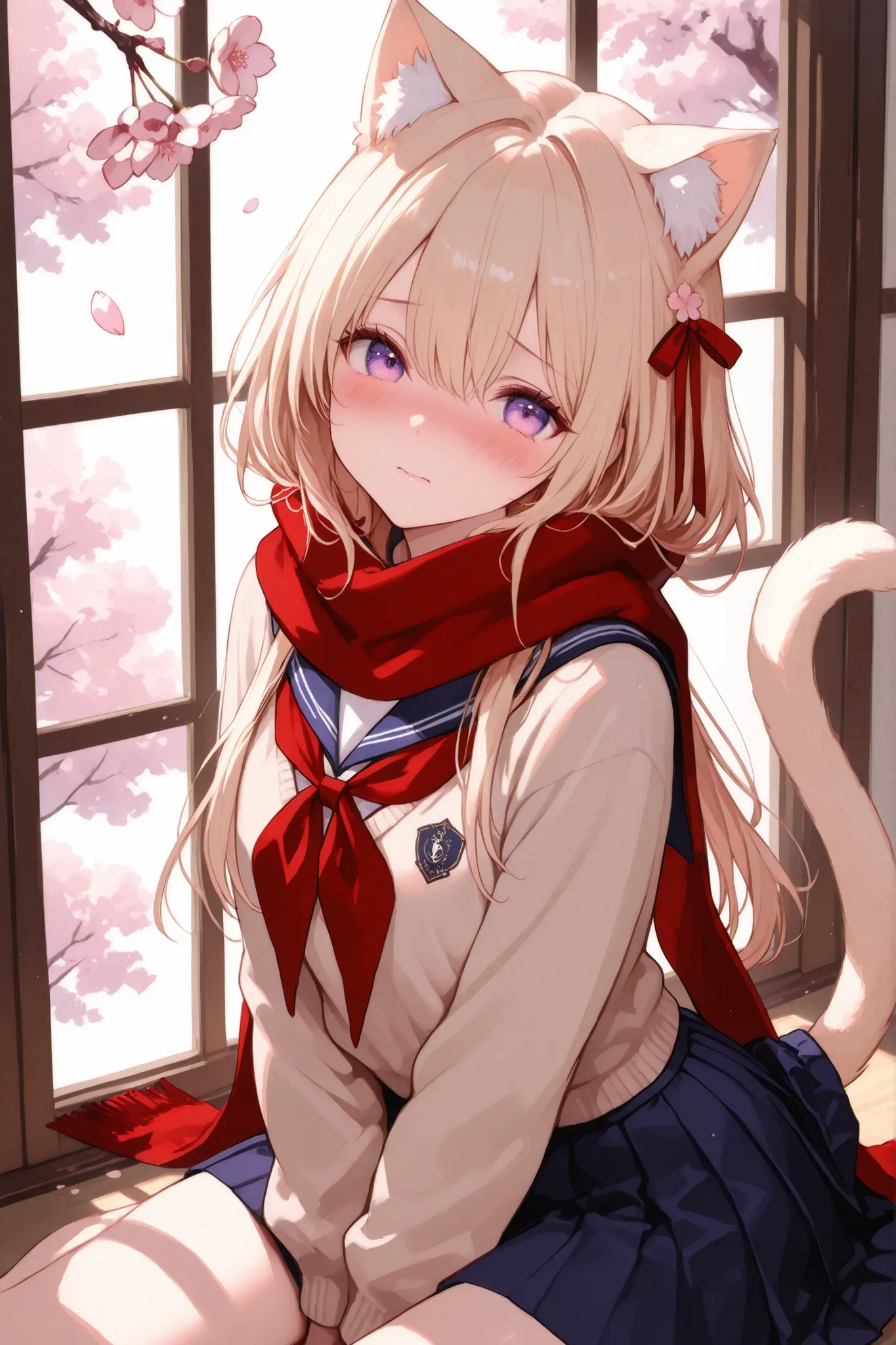 delicate pink flowers and crimson ribbons, .. x} A young woman with cat ears and a puffy tail is sitting indoors, and is decorated with soft. She's wearing a traditional Japanese school uniform, I'm wearing a beige sweater, Her creamy blonde hair is styled...