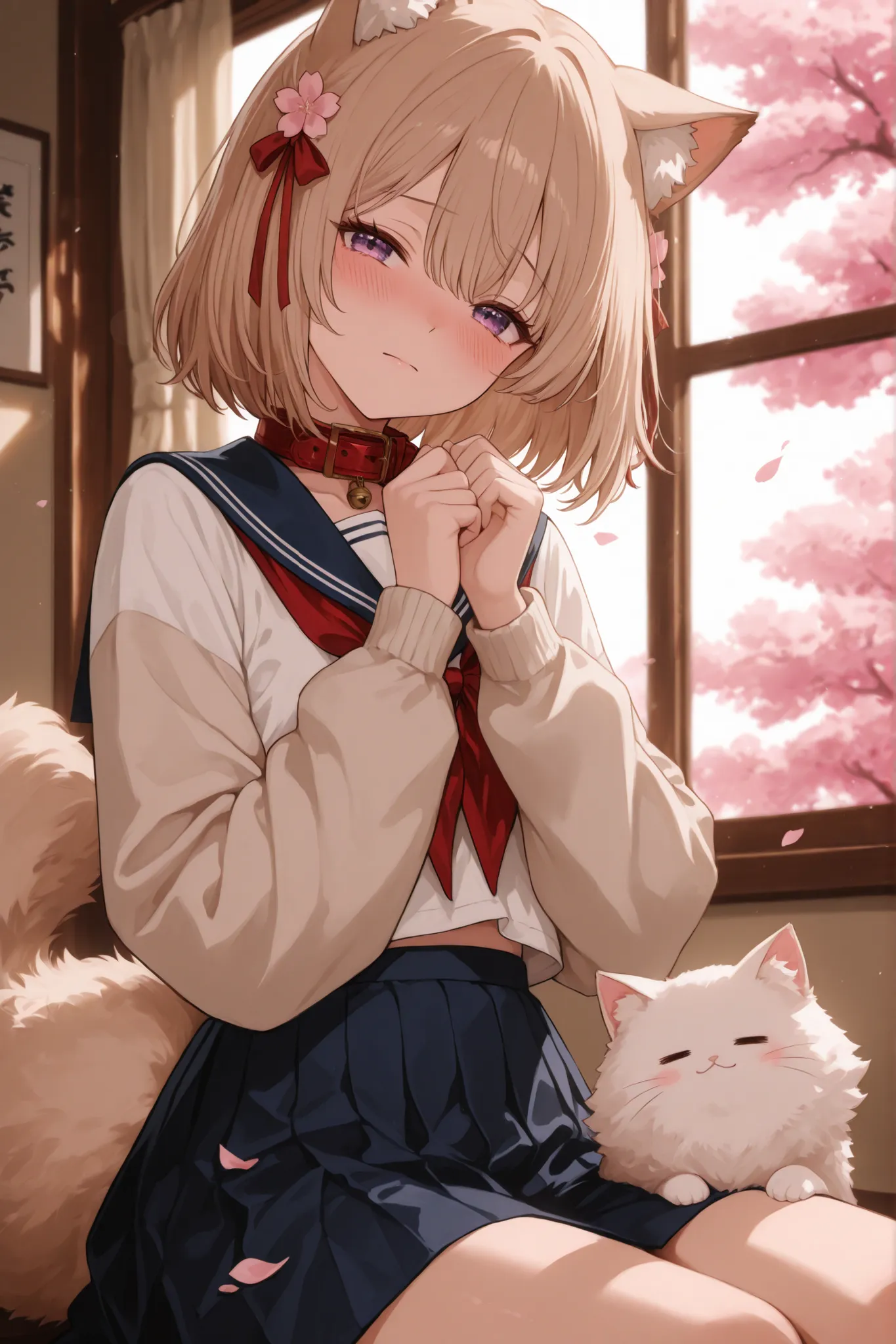 The young anime girl has long, flowing, Light brown hair adorned with fluffy cat ears. Her broad, x} expressive purple eyes with a prominent red ribbon on the front, and the soft blush colors her cheeks. She's wearing a traditional Japanese school uniform ...