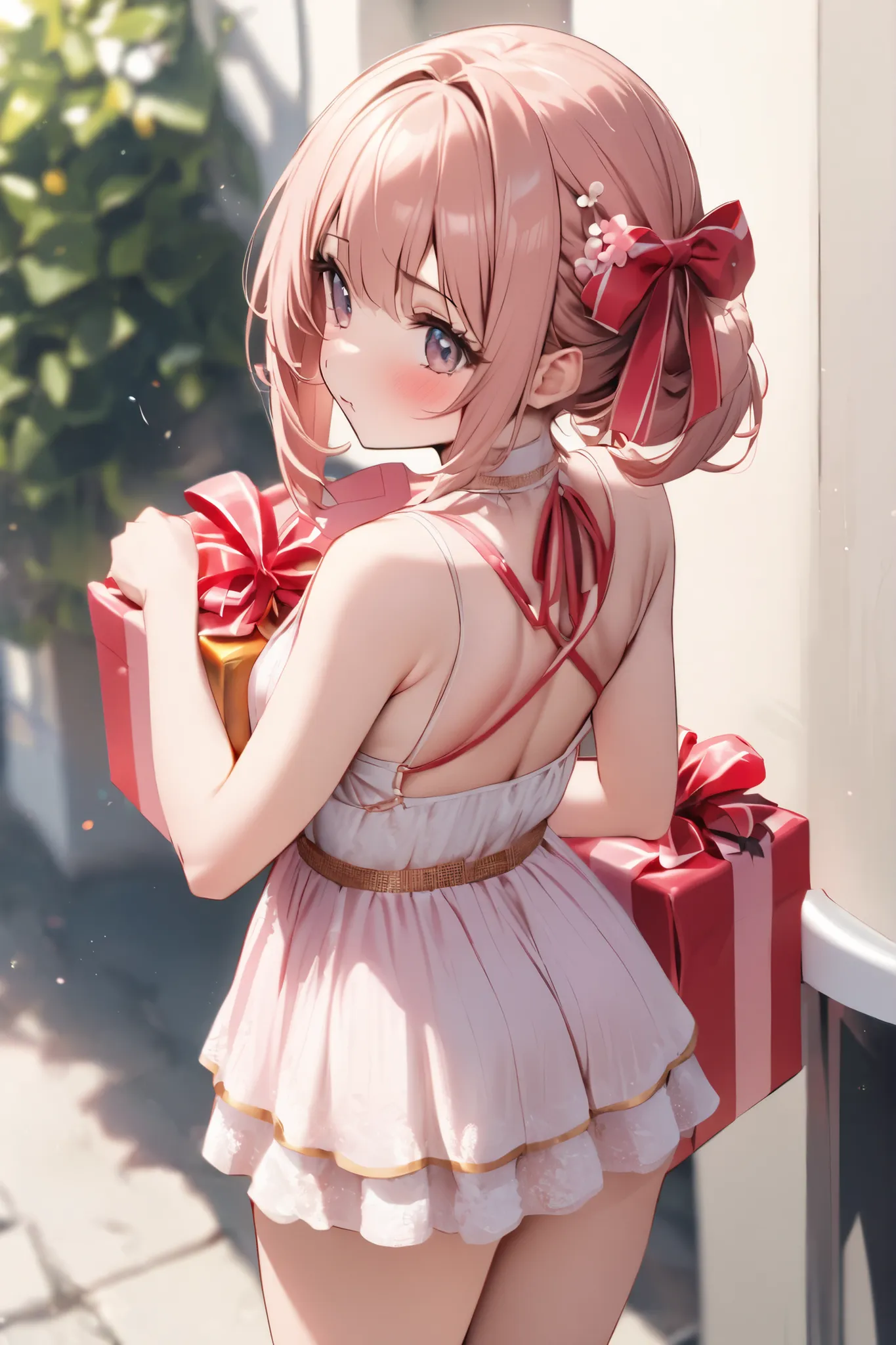 big big red ribbon on the back of the head , Her Hair Color Is Ash Gold 、 white and pink summer mini dress 、Cute Girl、has a present