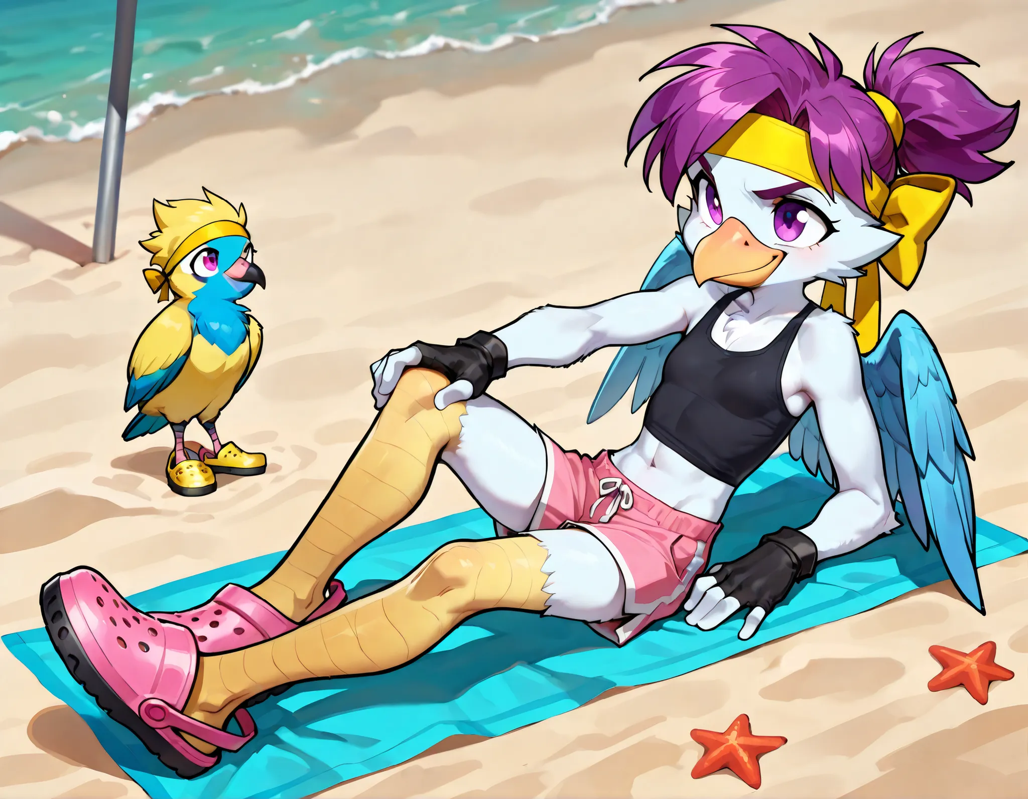 score_9,score_8_up,score_7_up, source_cartoon, spurce_anime, source_furry, Furry girl, bird, yellow bird beak, magenta hair, short spiky hairstyle, short spiky ponytail, anime style, small breasts, purple eyes, big eyebrows, feathered pointed ears, ((yello...