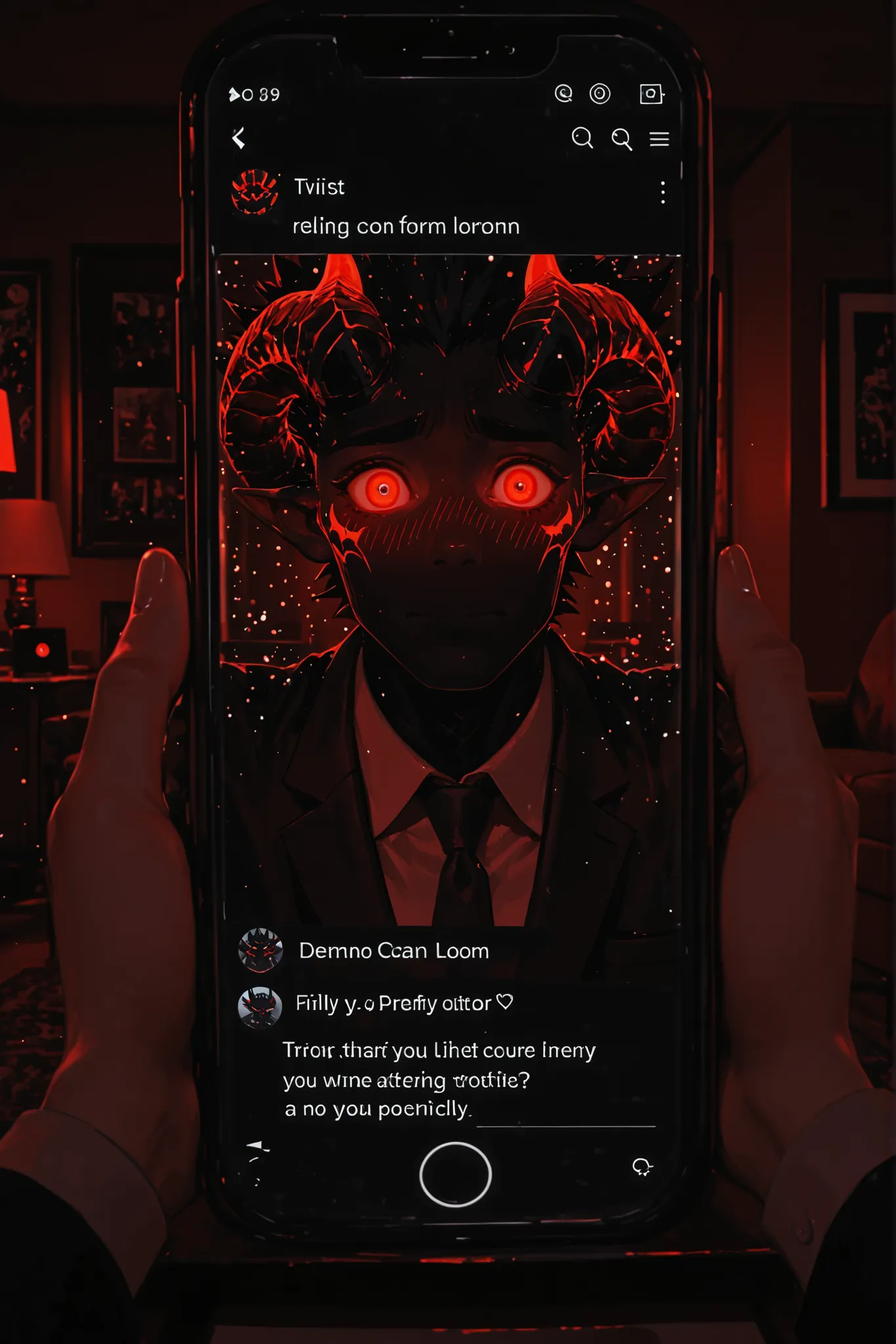 photography, finely detail, demon lord character, red eyes glowing, business casual attire, demon horns, trying to text, nervous posture, modern living room, floating magical particles, embarrassed blush, detailed phone screen reflection, atmospheric light...