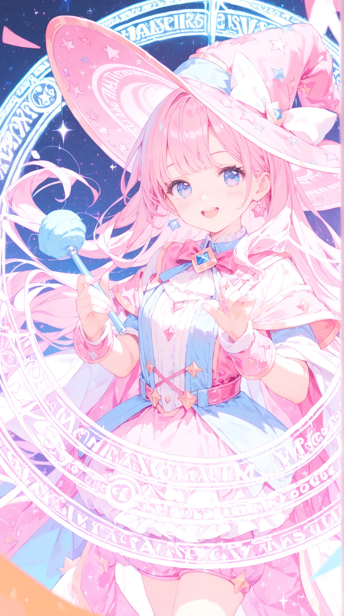 top quality, masterpiece, as pictured, Pop Witch, pink hair, Colorful Wizard Hat, Neon Colored Magic Circle, Candy Colored Outfit, Cute Magic Wand