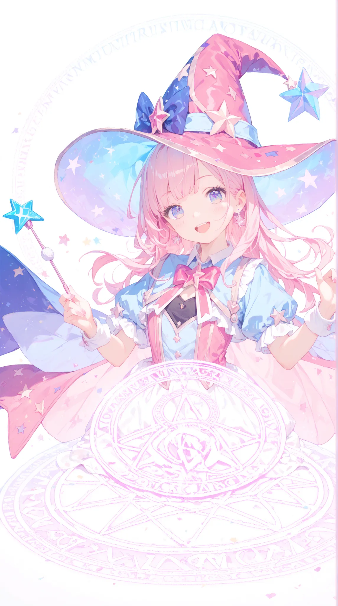 top quality, masterpiece, as pictured, Pop Witch, pink hair, Colorful Wizard Hat, Neon Colored Magic Circle, Candy Colored Outfit, Cute Magic Wand