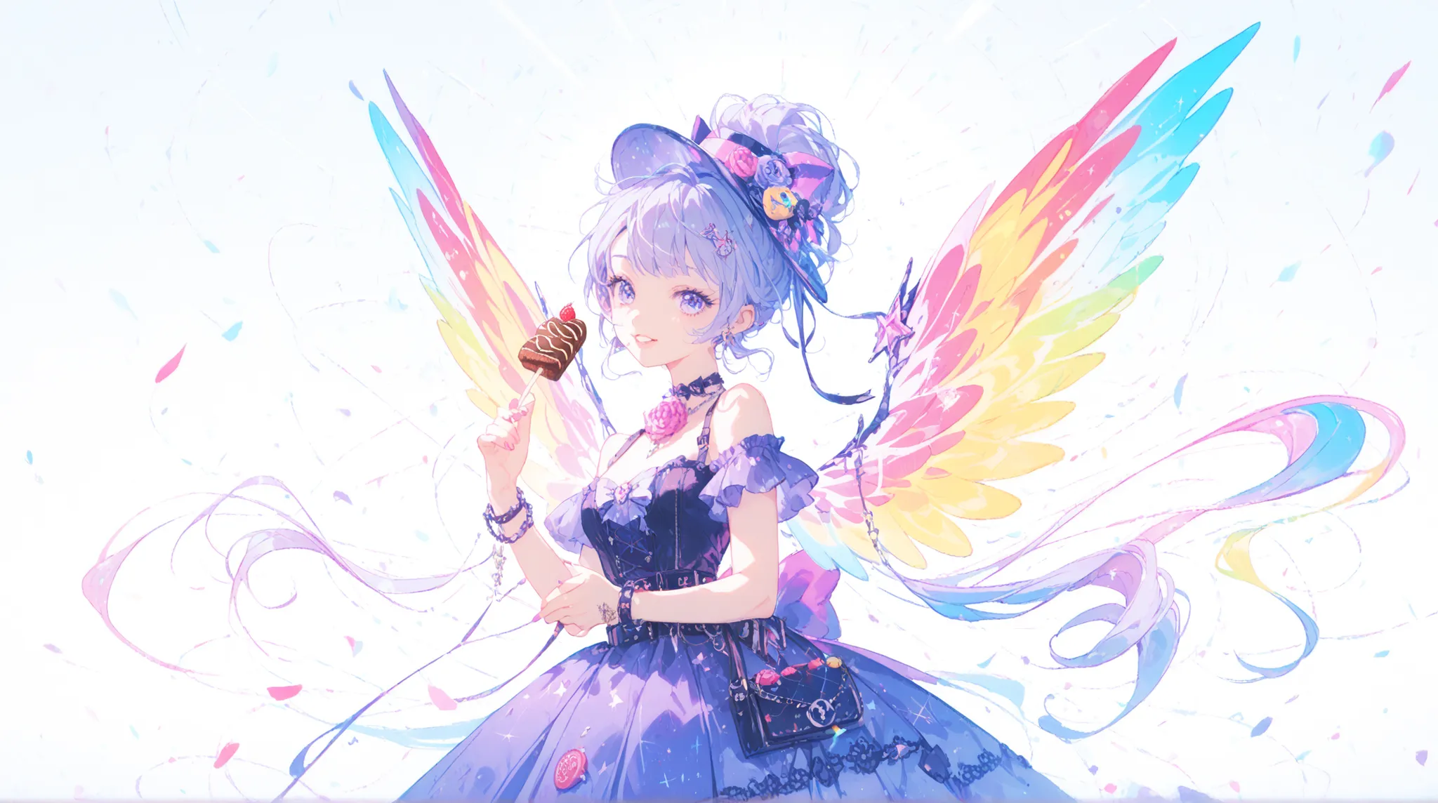 ultimate image quality, Perfect Depiction, Idol Witch, Decora Fashion, Neon Light Magic, colorful wings , Sweets Motif Decor, Electronic Music Aura, Urban Background