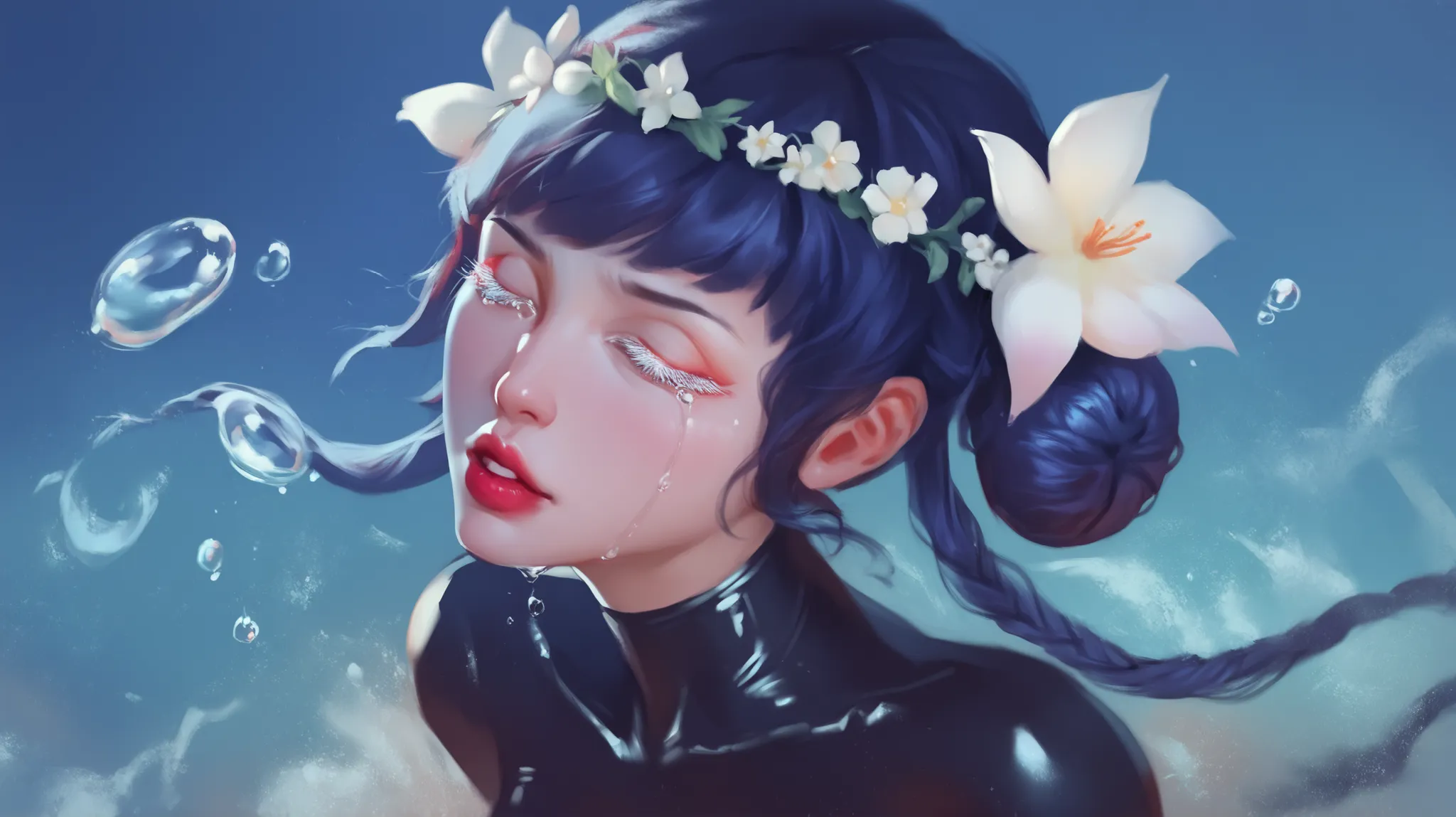 1 girl, One, flower, bodysuit, Breasts, latex, длинные  hair, седые  hair, parted lips, eyelashes, latex bodysuit, hair ornament, colored eyelashes, hair flower, crystal, sidelocks,  Double bundle,  hair bun , tight helmet, very длинные  hair, medium Breas...