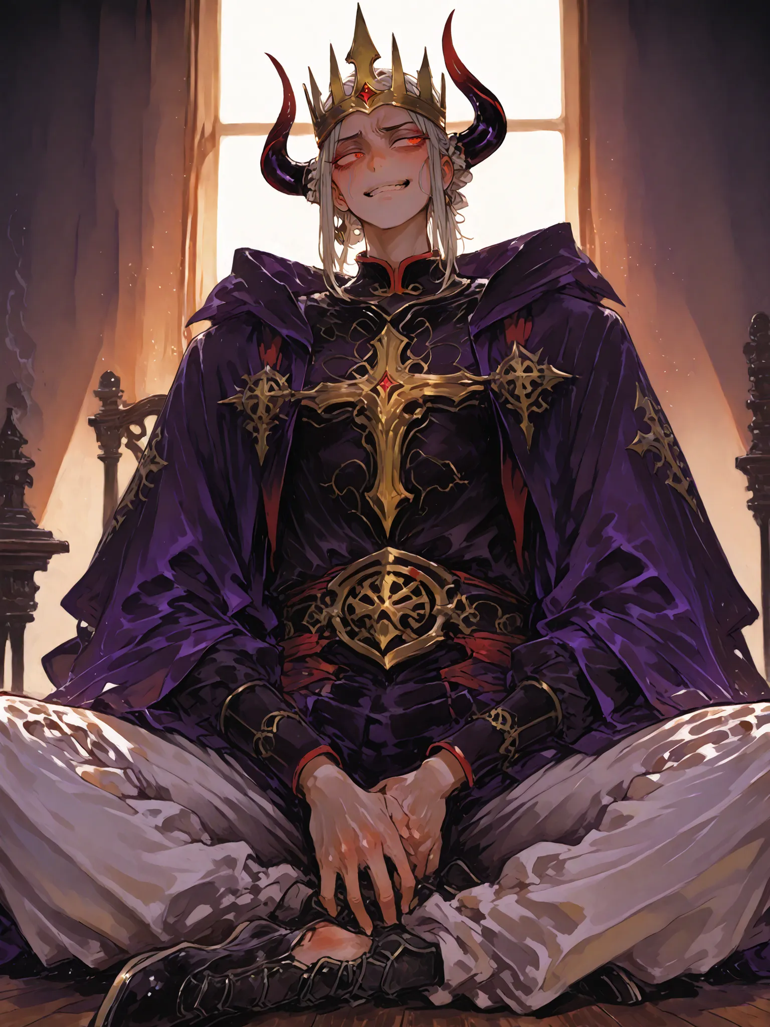 Dynamic lighting,HDR,Socially awkward. Demon King,while having the power to rule the world、「 hello」It takes courage to say,Withdrawing and Gymnastics Sitting.Dark.