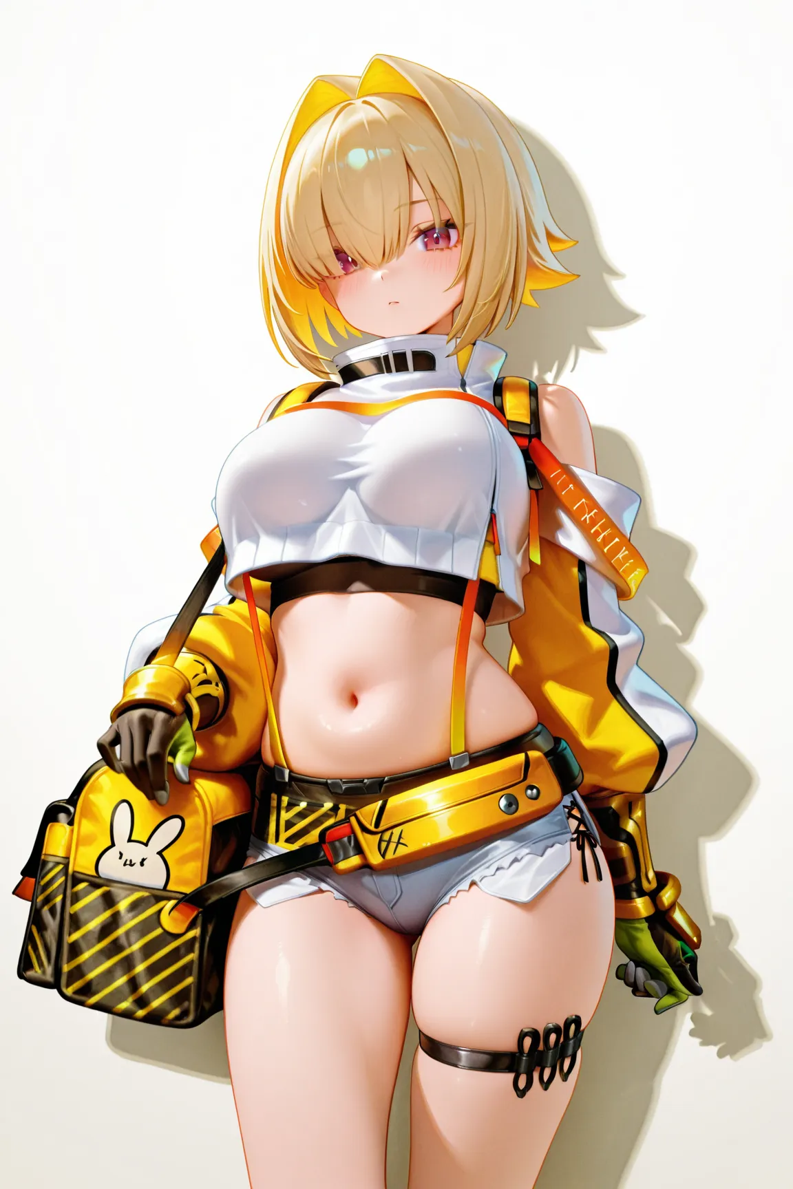 nikkeelegg, crop top, shoulder cutout, gloves, suspenders, microshorts, single thigh strap, belt (optional and includes the bag)
