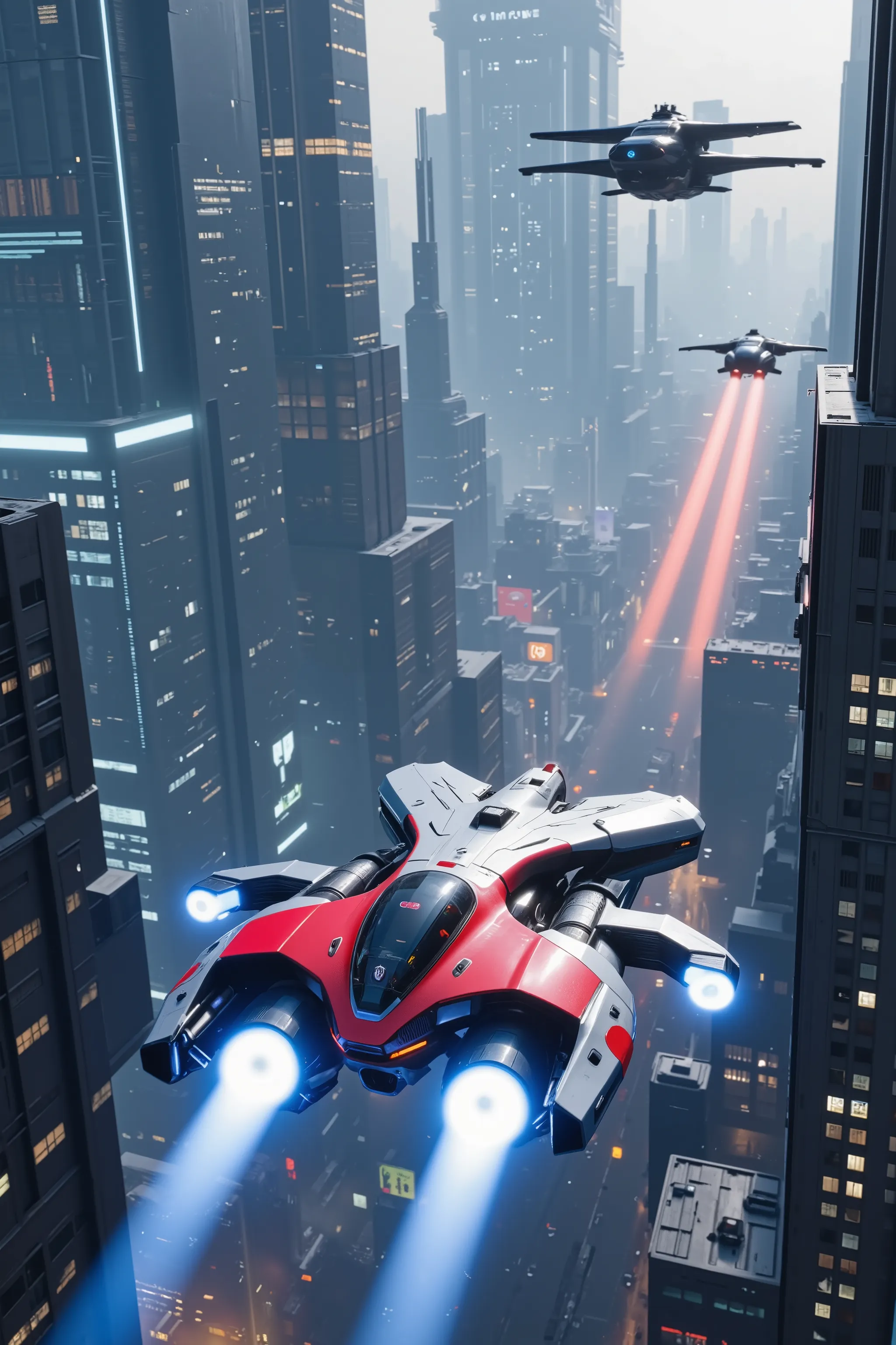In a sprawling futuristic cityscape, flying vehicles navigate between towering skyscrapers that stretch into a misty sky. The scene captures dynamic movement, with sleek hovercraft zooming past at high speeds. The foreground is dominated by a prominent, re...