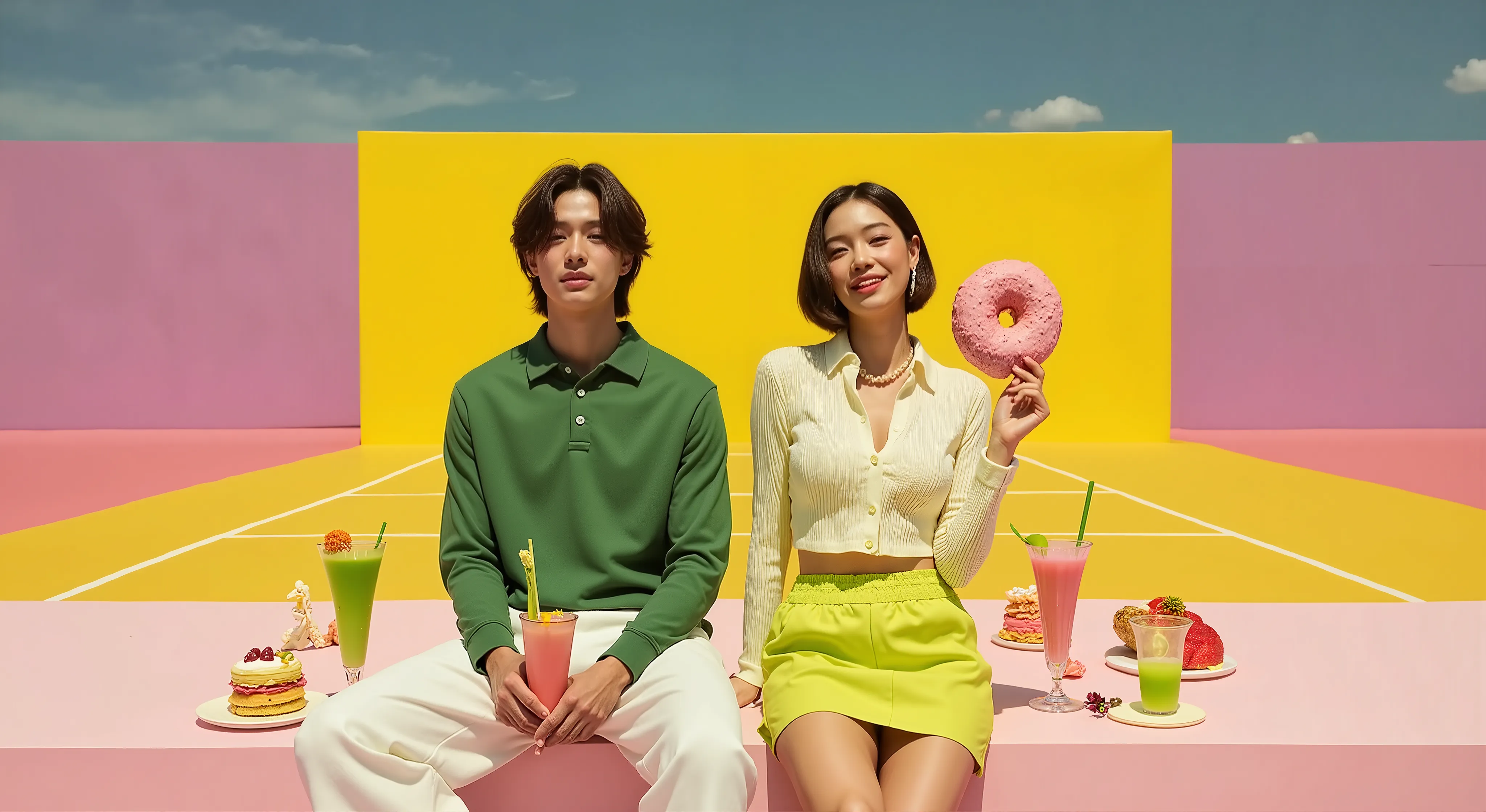 subject: stylish Thai couple sitting side by side in a surreal tennis court
outfit: man in dark green polo shirt with white trousers; woman in cropped ribbed cardigan and neon lime mini skirt
fabric details: soft cotton knit, ribbed textures, matte cotton ...